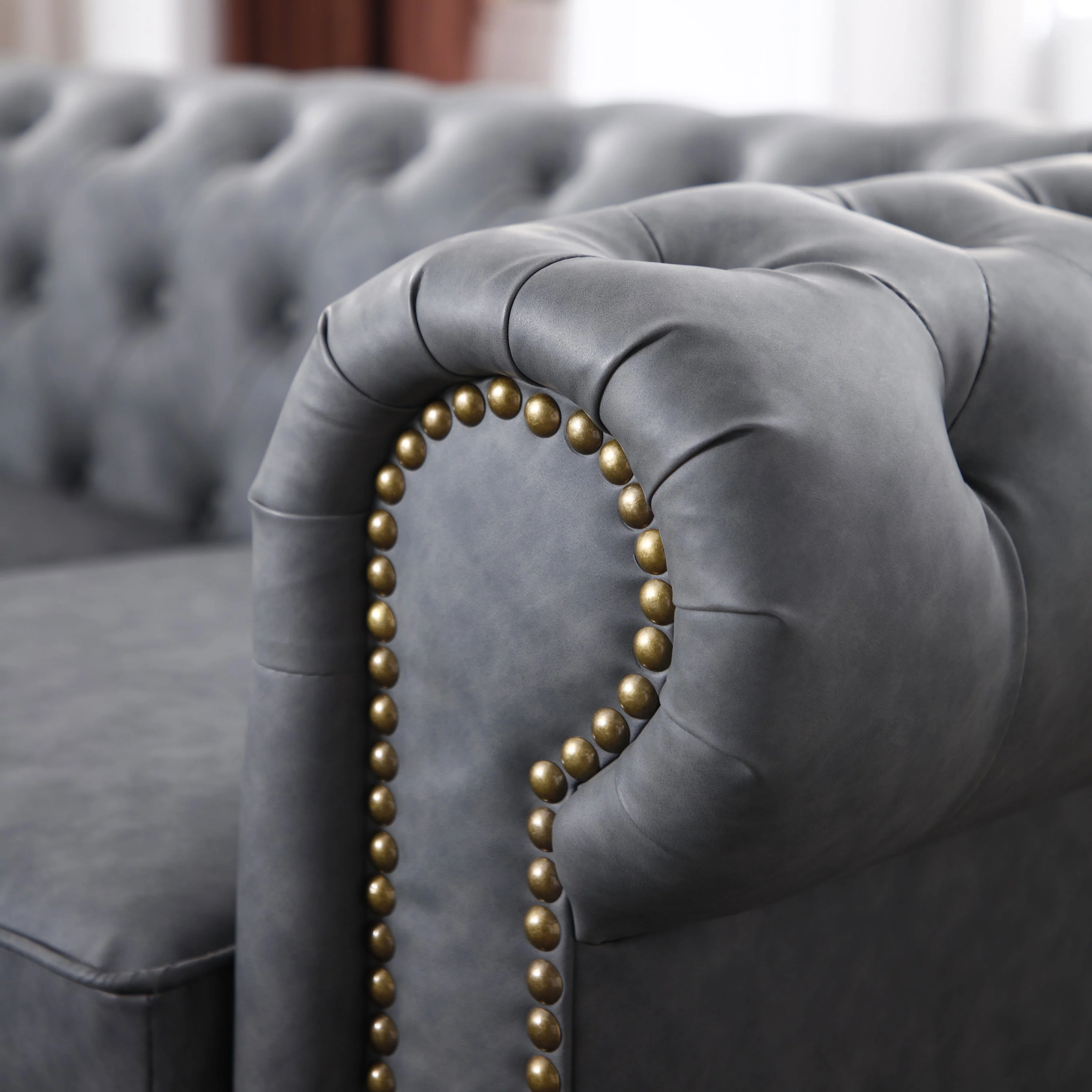 Classic Chesterfield Sofa Dark Grey Faux Leather - Image 7