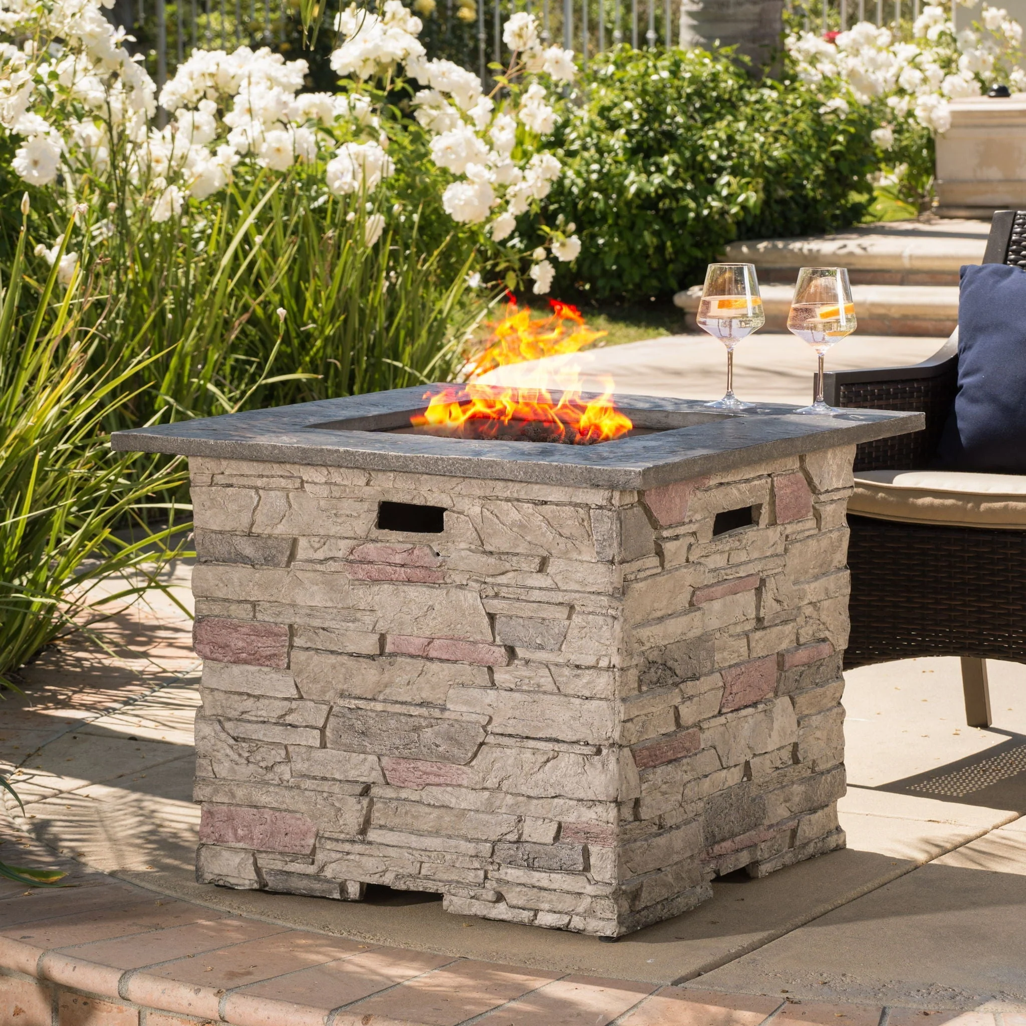 Classic Design Square Fire Pit with Top and 40,000 BTU Heat Output - Stone Gray - Image 3
