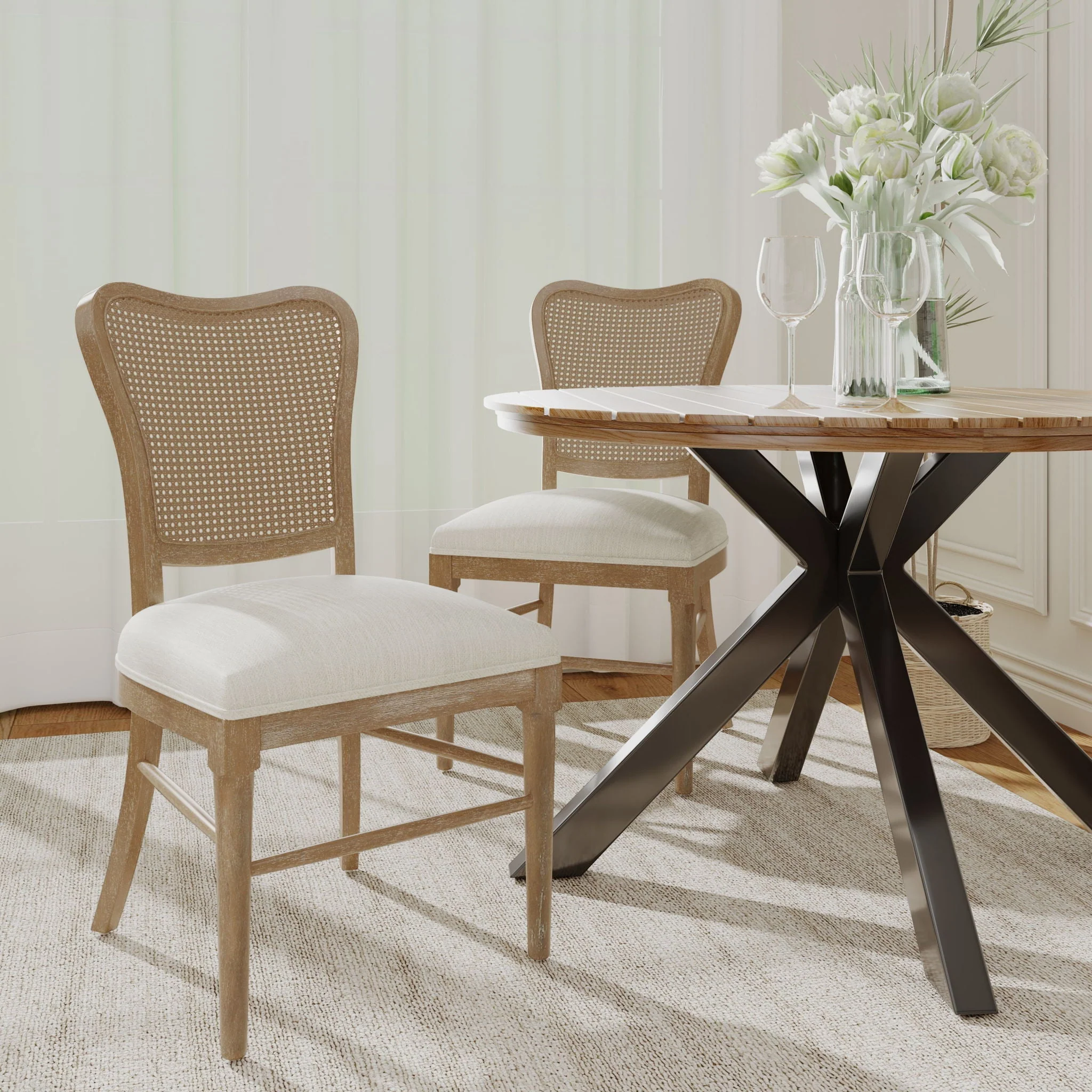 Classic Retro Dining Chair (Set of 2) with Rattan Backrest - Dark Brown / Beige - Image 3