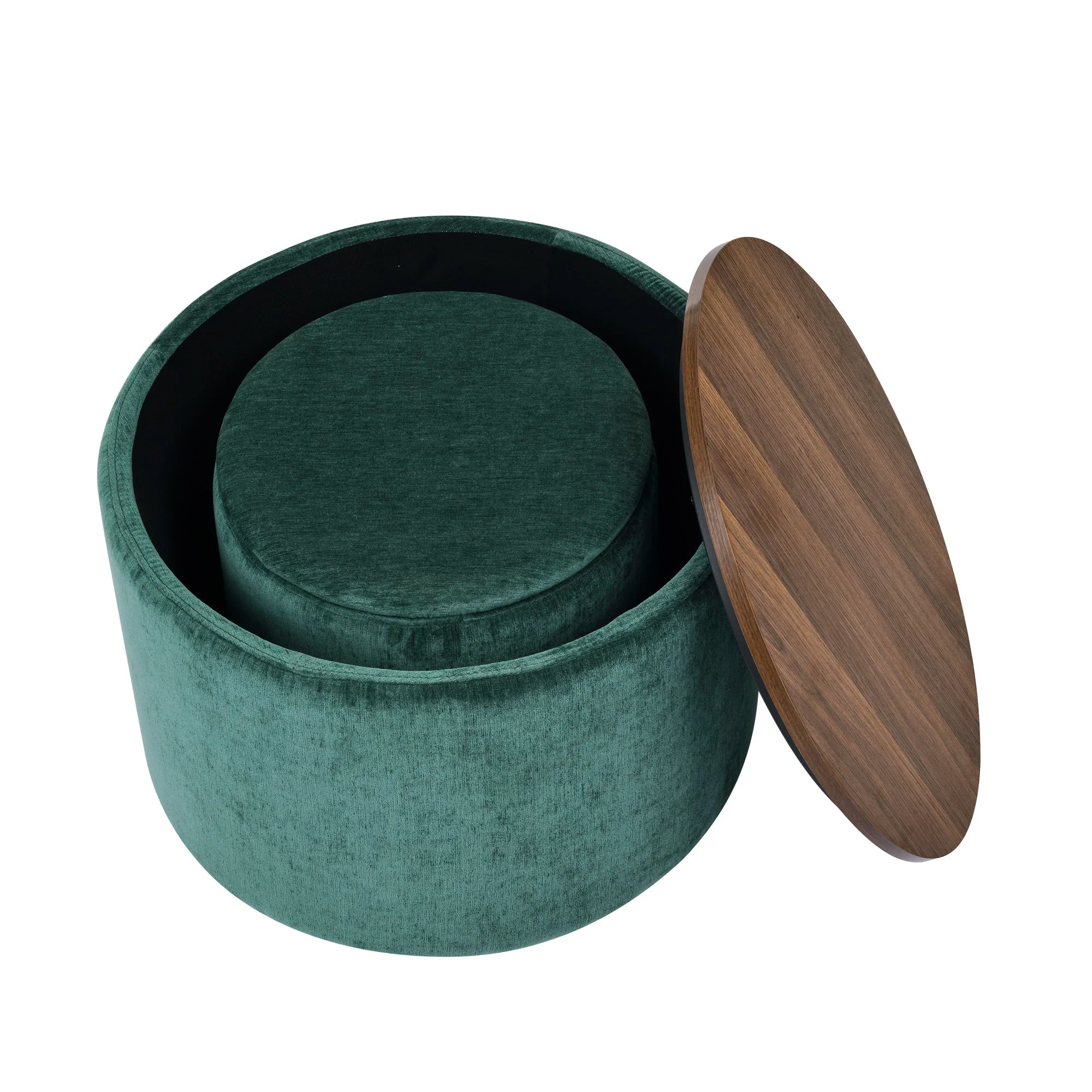 Classic Style 2-Piece Round Chenille Storage Ottoman Set with Drum Shaped Stool - Image 10