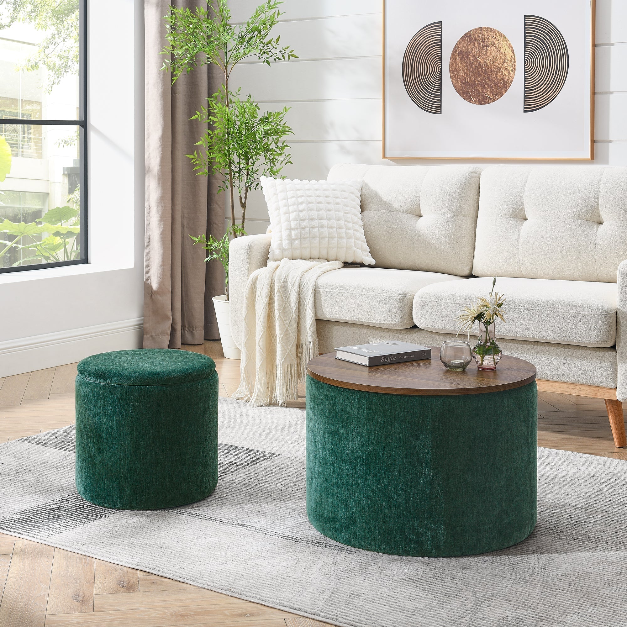Classic Style 2-Piece Round Chenille Storage Ottoman Set with Drum Shaped Stool - Image 2