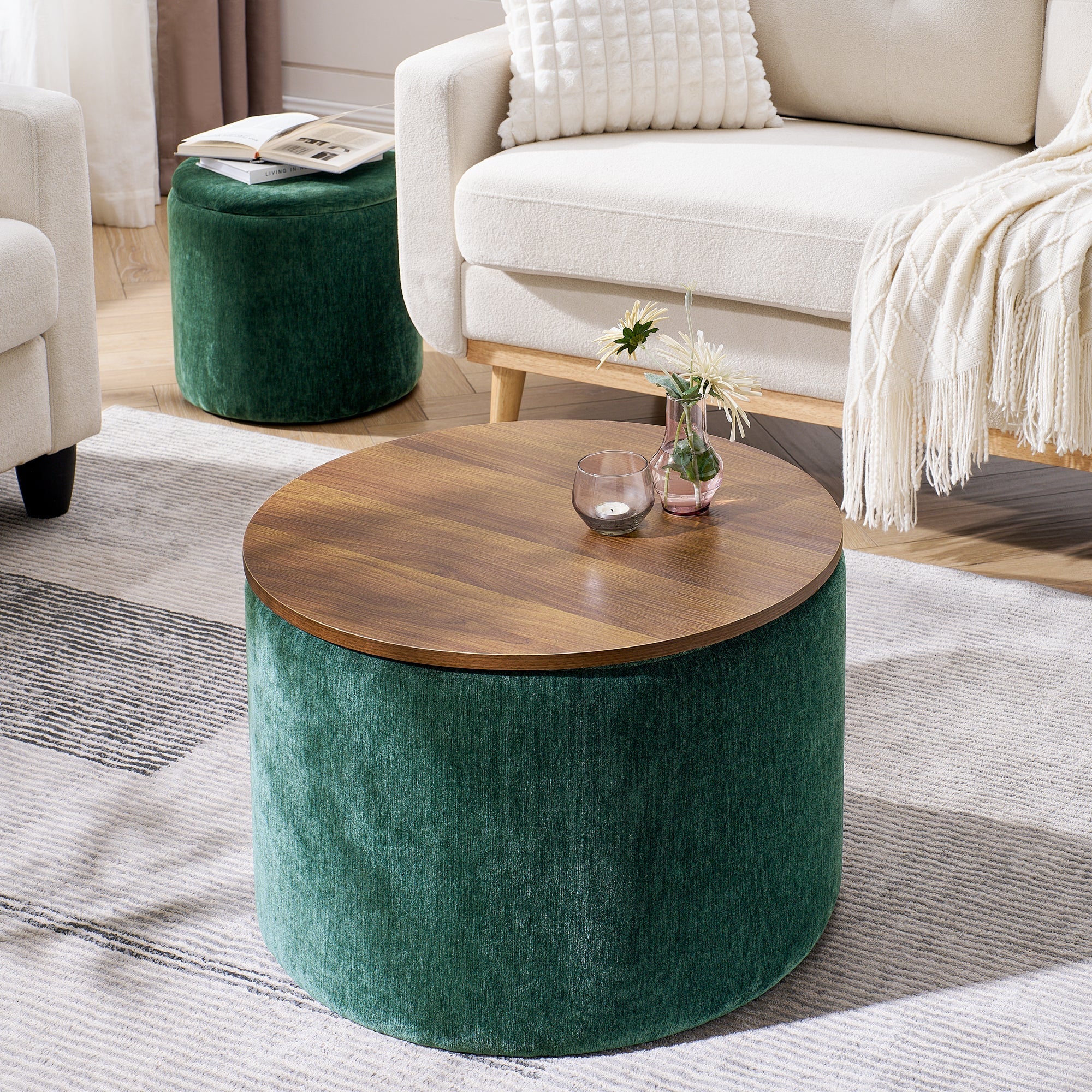 Classic Style 2-Piece Round Chenille Storage Ottoman Set with Drum Shaped Stool - Image 4