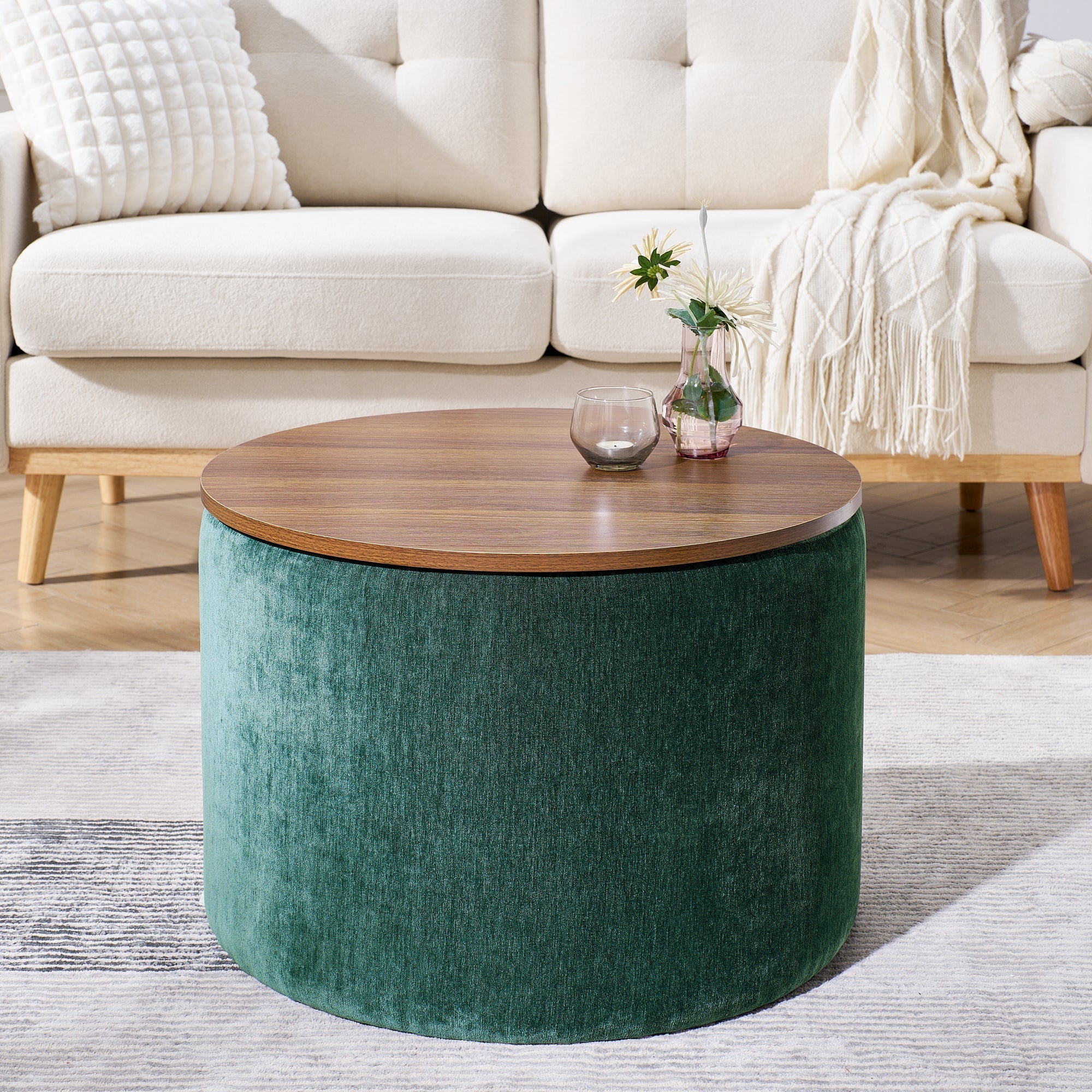 Classic Style 2-Piece Round Chenille Storage Ottoman Set with Drum Shaped Stool - Image 5
