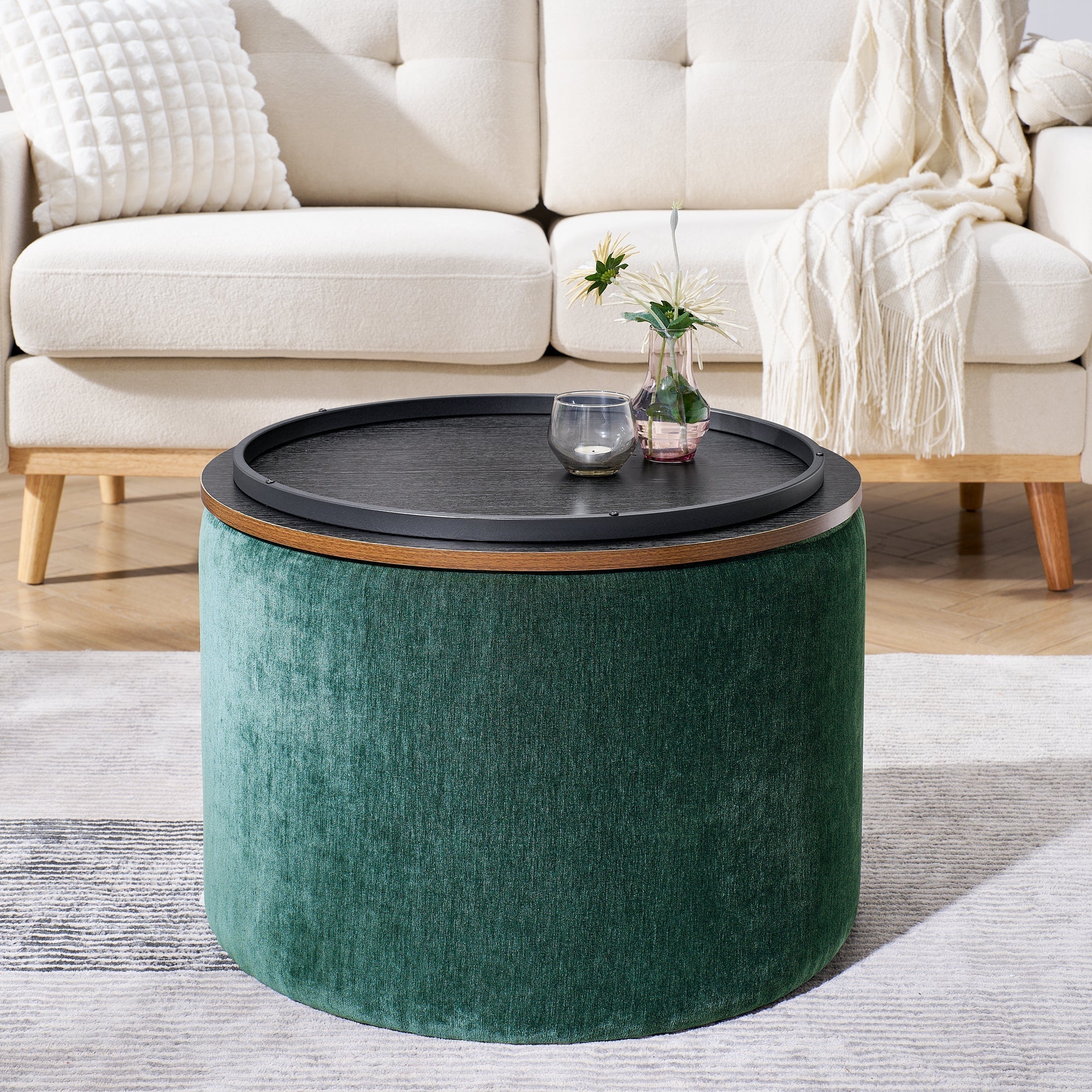 Classic Style 2-Piece Round Chenille Storage Ottoman Set with Drum Shaped Stool - Image 6