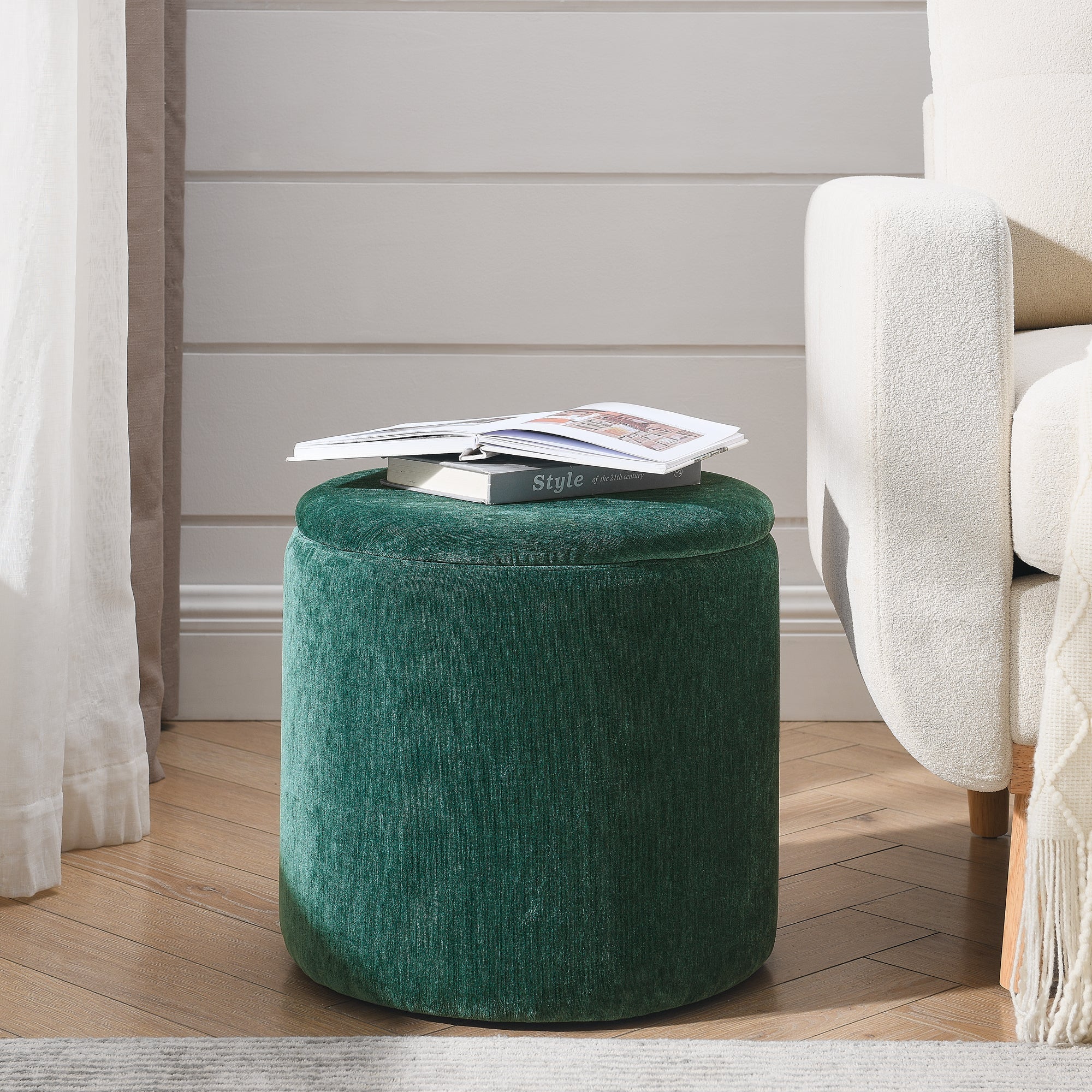Classic Style 2-Piece Round Chenille Storage Ottoman Set with Drum Shaped Stool - Image 7