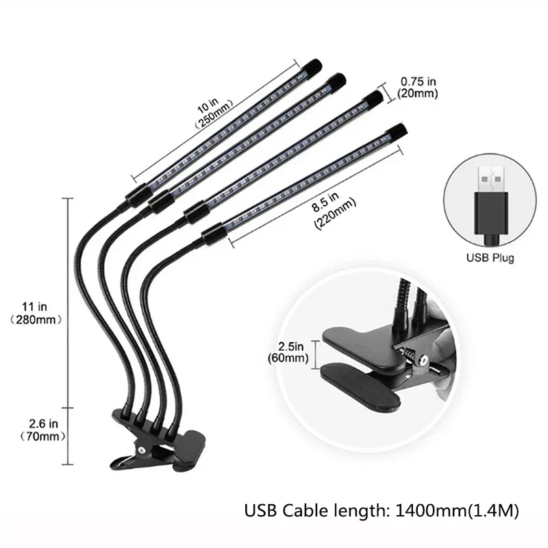 Clip On LED Grow Light Full Spectrum USB Timer Dimmable 1–4 Head Plant Lamp - Image 3