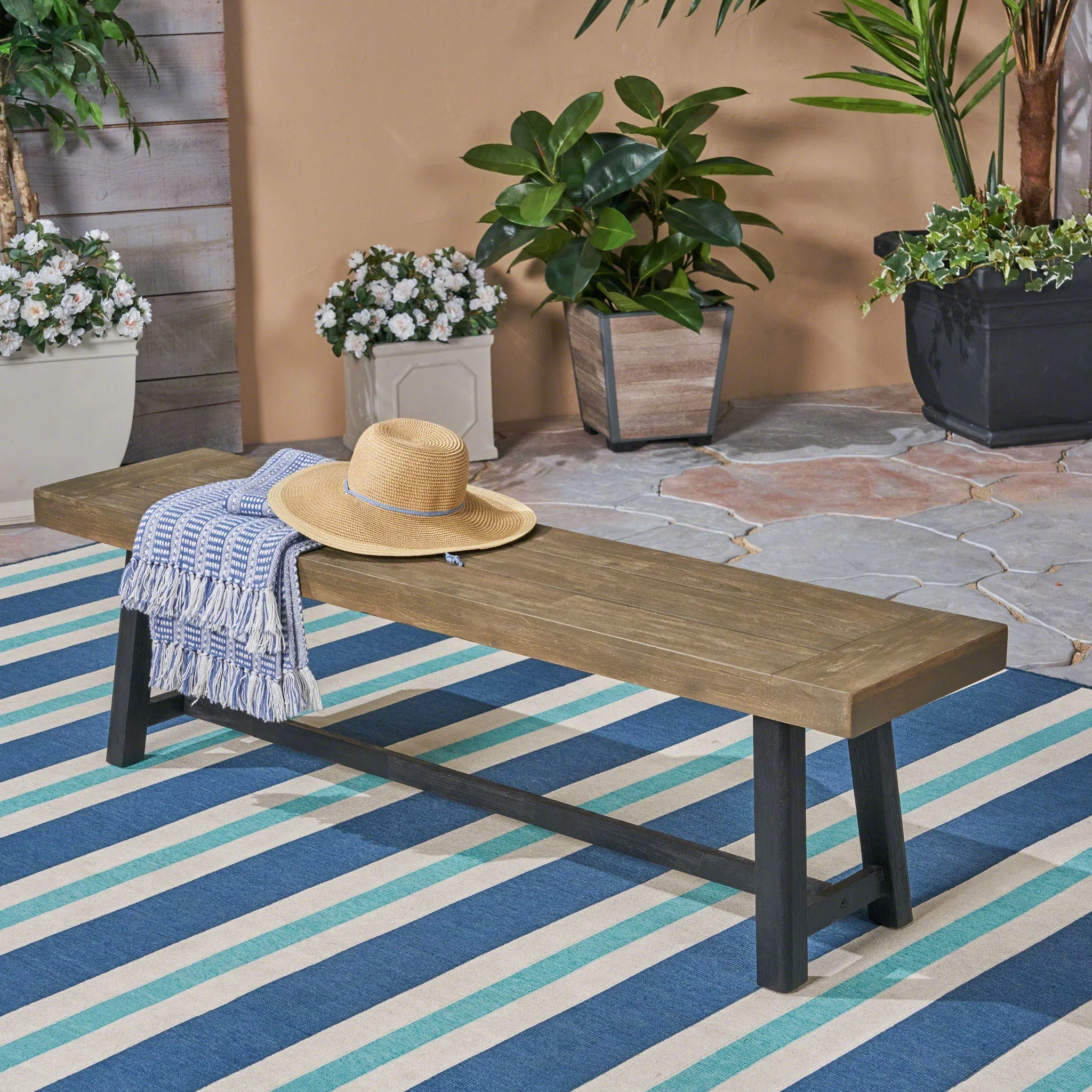 Cloud Outdoor Bench With Acacia Wood Frame And Slat Panel Design - Image 6