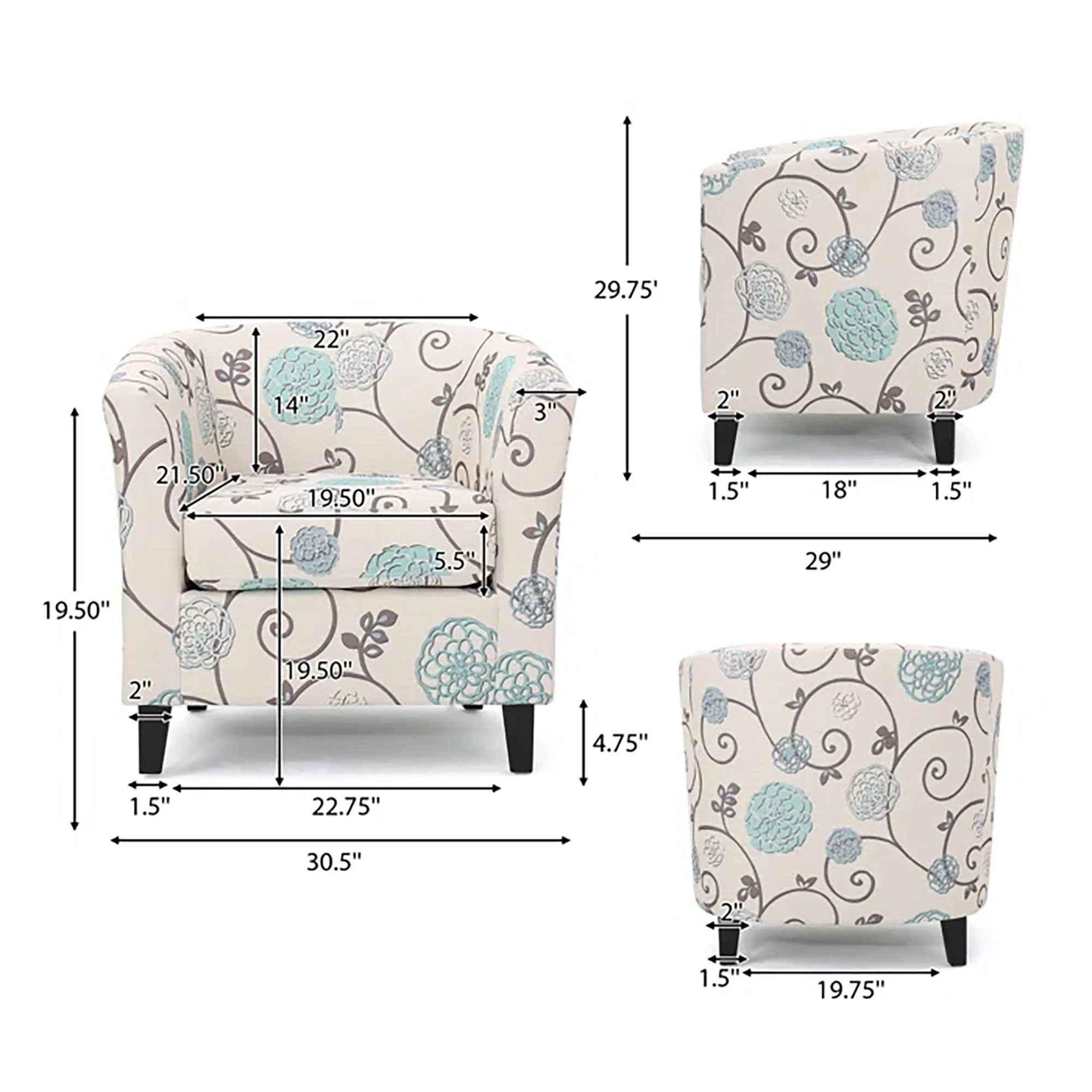 Club Chair With Floral Pattern And Solid Wood Legs - Multi Color - Image 2