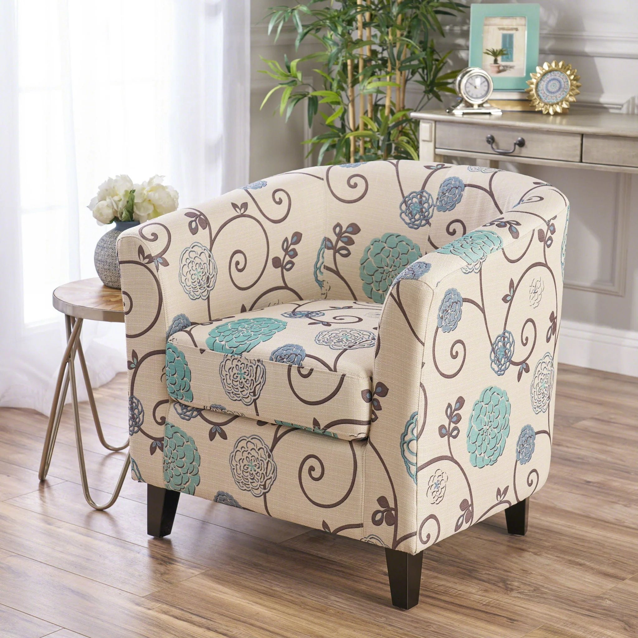 Club Chair With Floral Pattern And Solid Wood Legs - Multi Color - Image 3