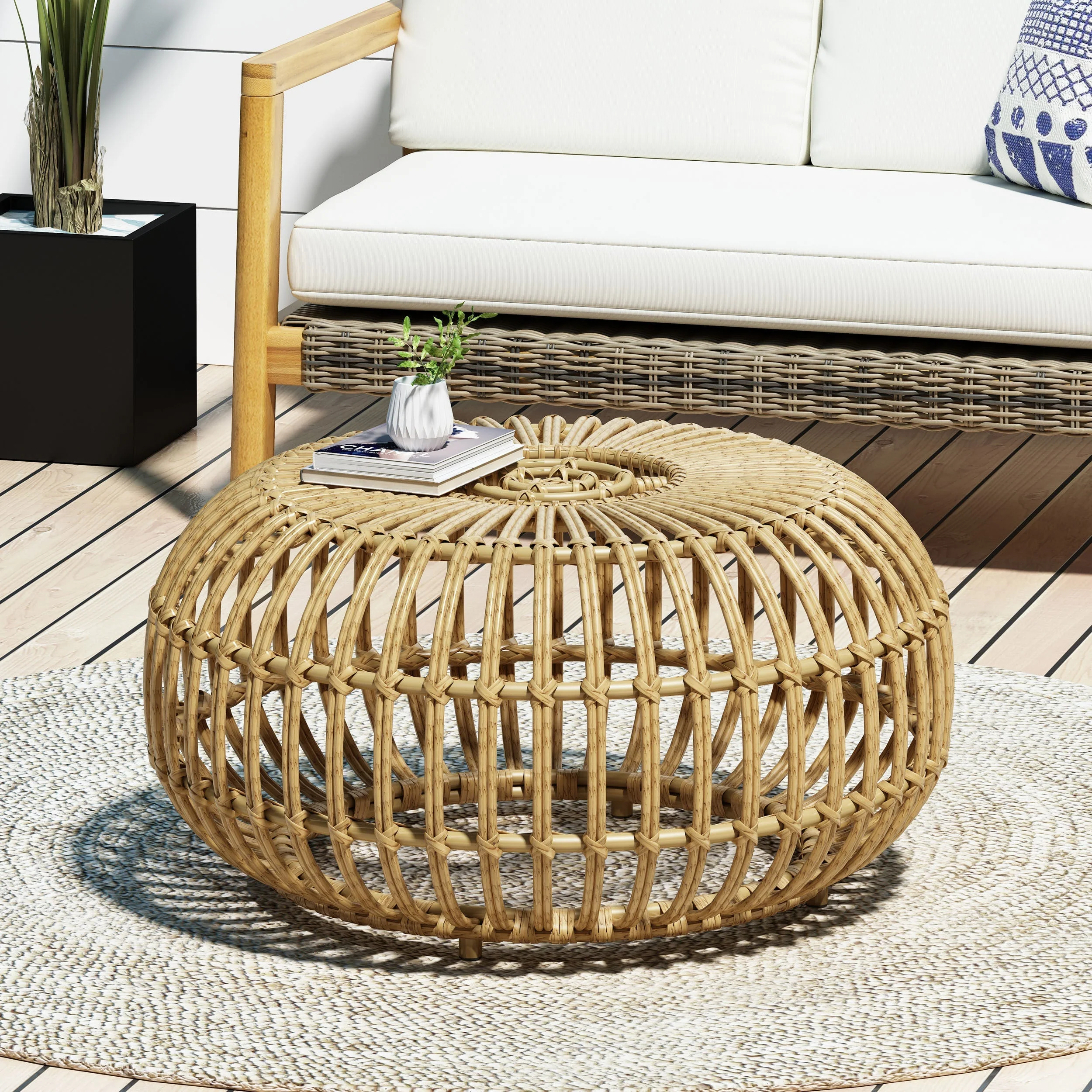 Coffee Table - Bohemian Faux Rattan Weave Accent Table - Image 4