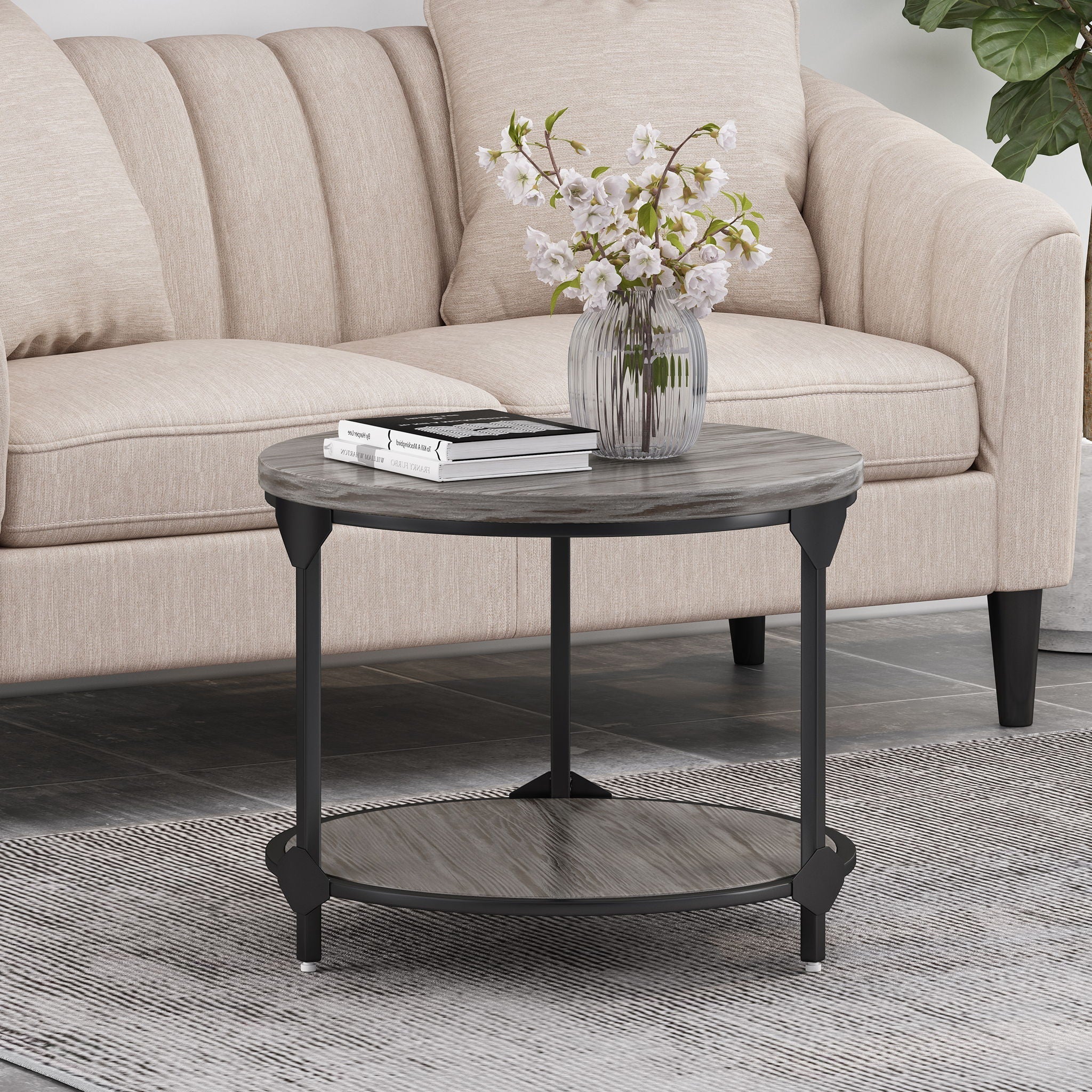 Coffee Table with Wood Patterned Tabletop and Iron Frame - Gray - Image 2