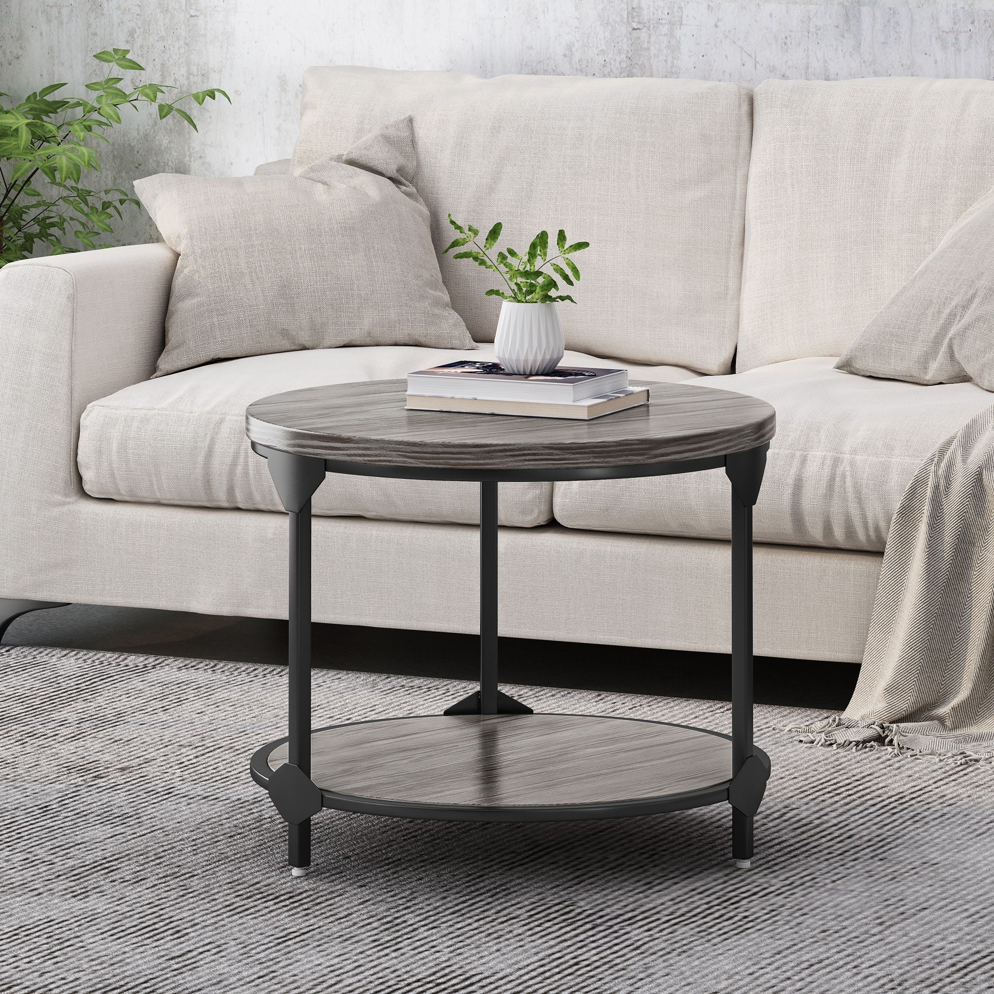 Coffee Table with Wood Patterned Tabletop and Iron Frame - Gray - Image 3