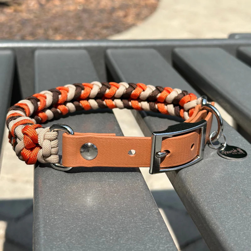Coiled Charm Hand Braided Dog Collar in Burnt Orange, Walnut Brown, & Light Tan - Image 3