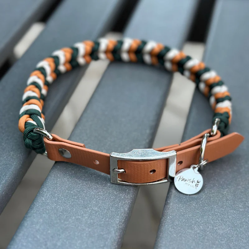 Coiled Charm Hand Braided Dog Collar in Hunter Green, Mustard, & Cream - Image 5