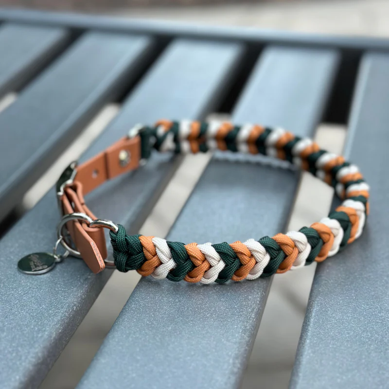 Coiled Charm Hand Braided Dog Collar in Hunter Green, Mustard, & Cream - Image 7