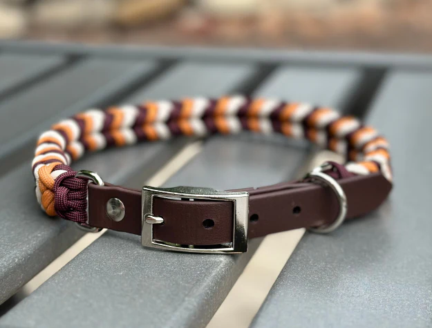Coiled Charm Hand Braided Dog Collar in Mustard, Burgundy, & Cream - Image 3