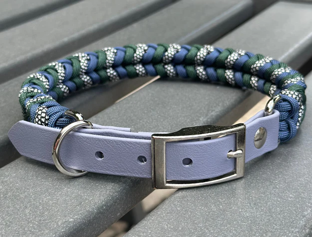 Coiled Charm Hand Braided Dog Collar in Navy, Emerald Green, & Silver Diamonds - Image 4