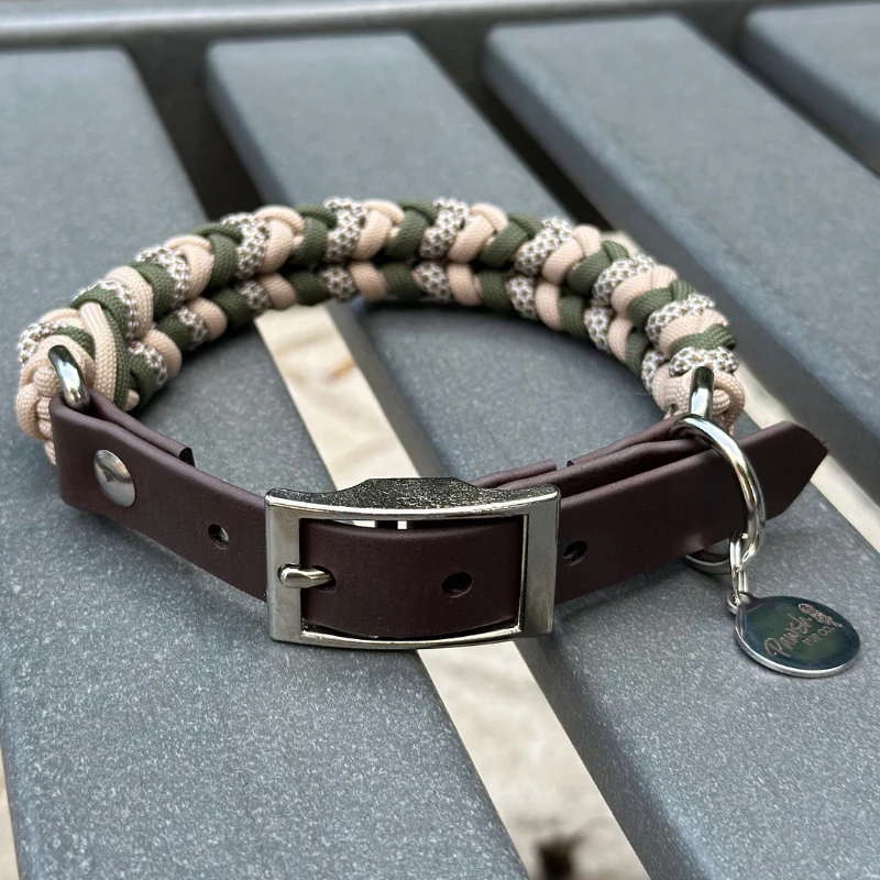 Coiled Charm Hand Braided Dog Collar in Olive, Light Tan, & Coyote Brown Diamonds - Image 4