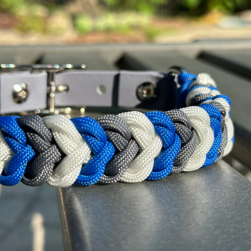 Coiled Charm Hand Braided Dog Collar in Royal Blue, Graphite, & White - Image 2