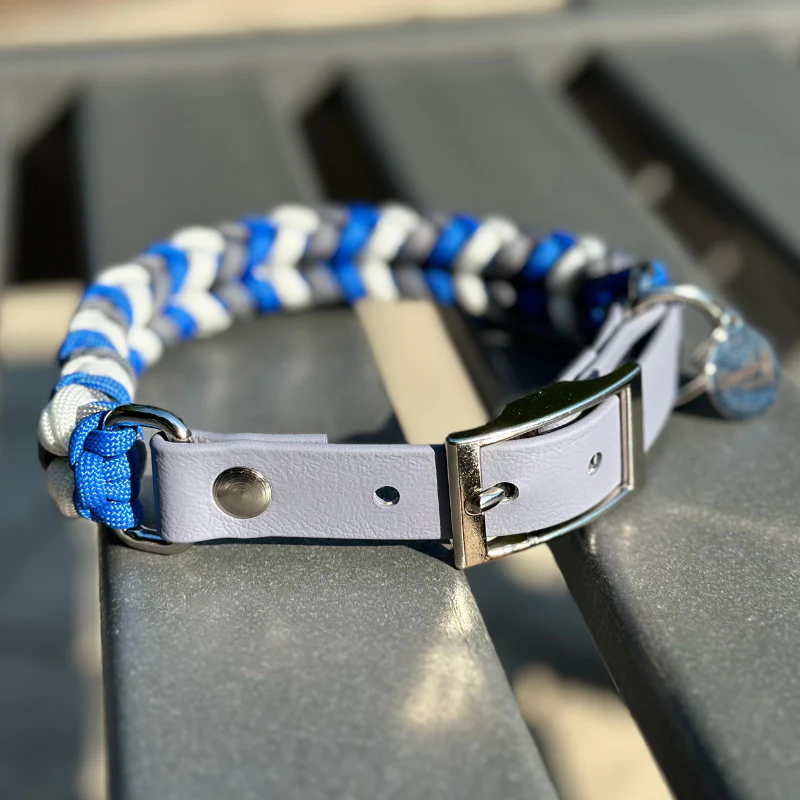 Coiled Charm Hand Braided Dog Collar in Royal Blue, Graphite, & White - Image 3