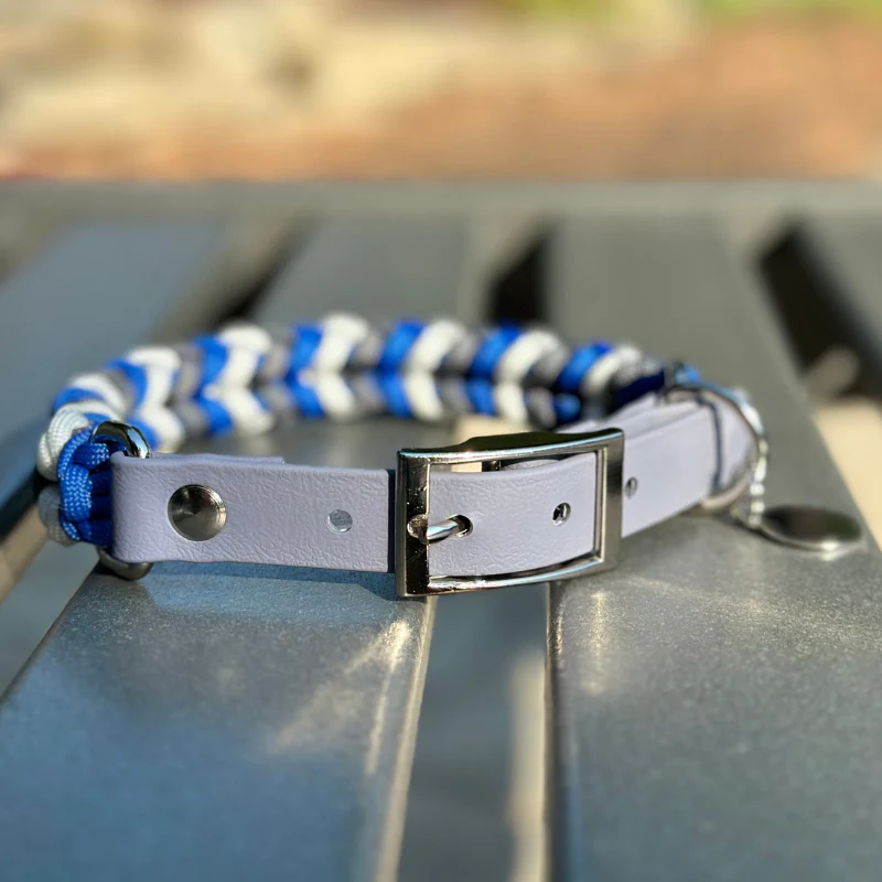 Coiled Charm Hand Braided Dog Collar in Royal Blue, Graphite, & White - Image 4
