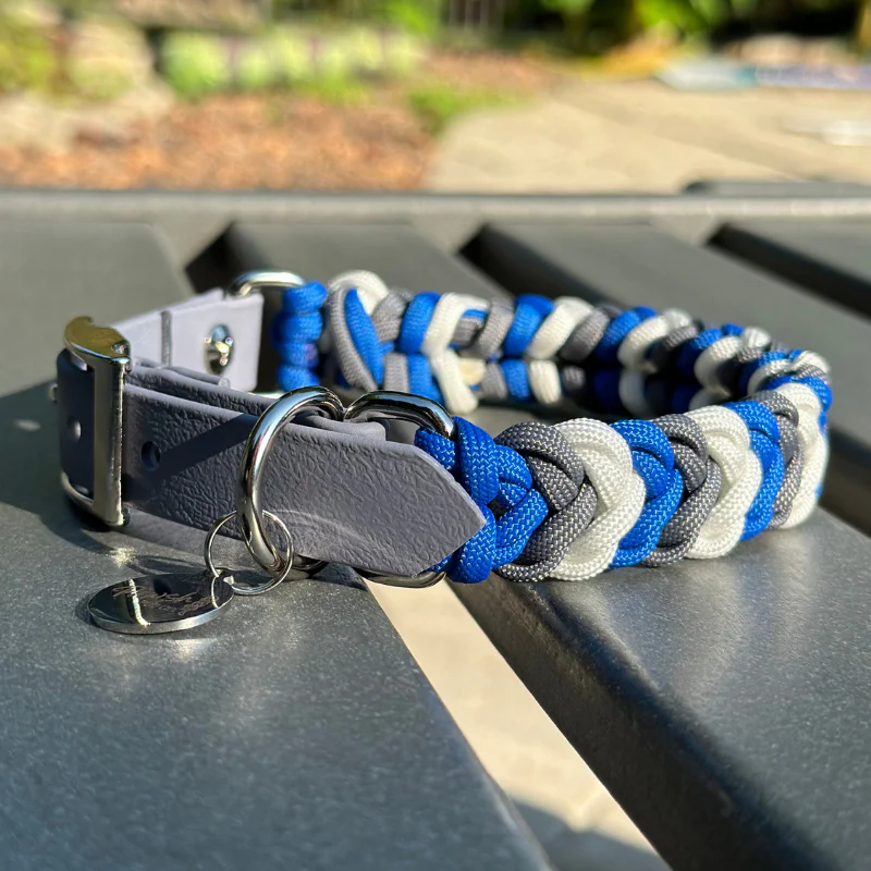 Coiled Charm Hand Braided Dog Collar in Royal Blue, Graphite, & White - Image 8