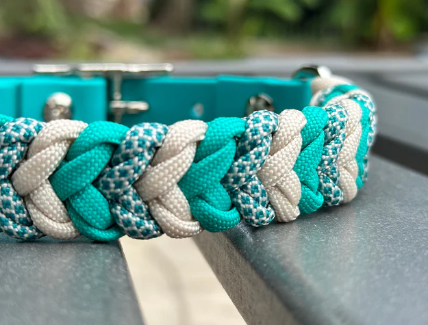 Coiled Charm Hand Braided Dog Collar in Teal, Cream, & Teal Diamonds - Image 2