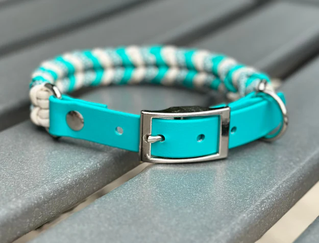 Coiled Charm Hand Braided Dog Collar in Teal, Cream, & Teal Diamonds - Image 3