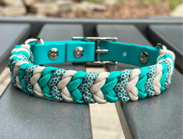 Coiled Charm Hand Braided Dog Collar in Teal, Cream, & Teal Diamonds - Image 4