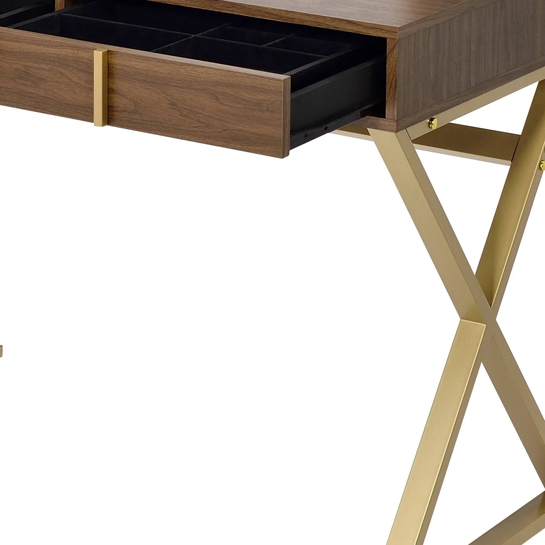 Coleen Walnut & Gold Finish Vanity Desk with Mirror & Jewelry Tray - Image 2