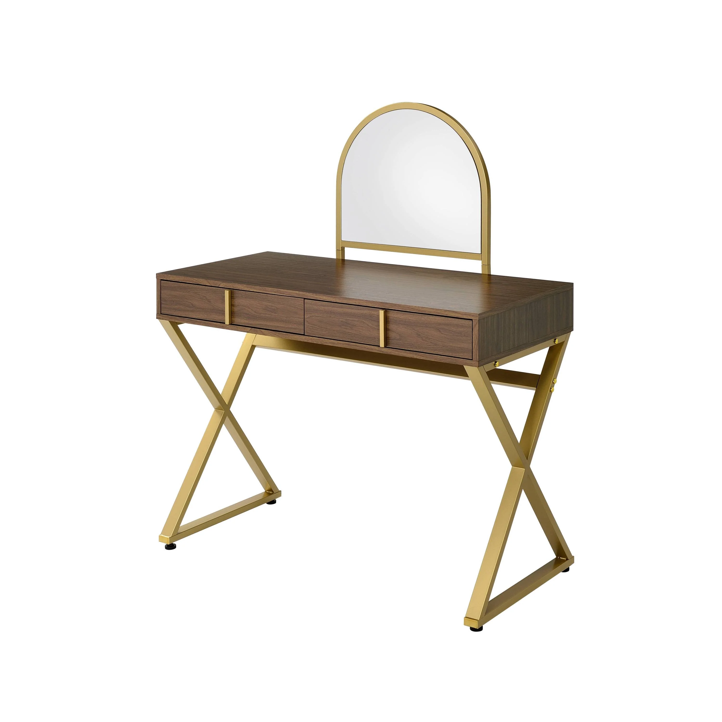 Coleen Walnut & Gold Finish Vanity Desk with Mirror & Jewelry Tray - Image 3
