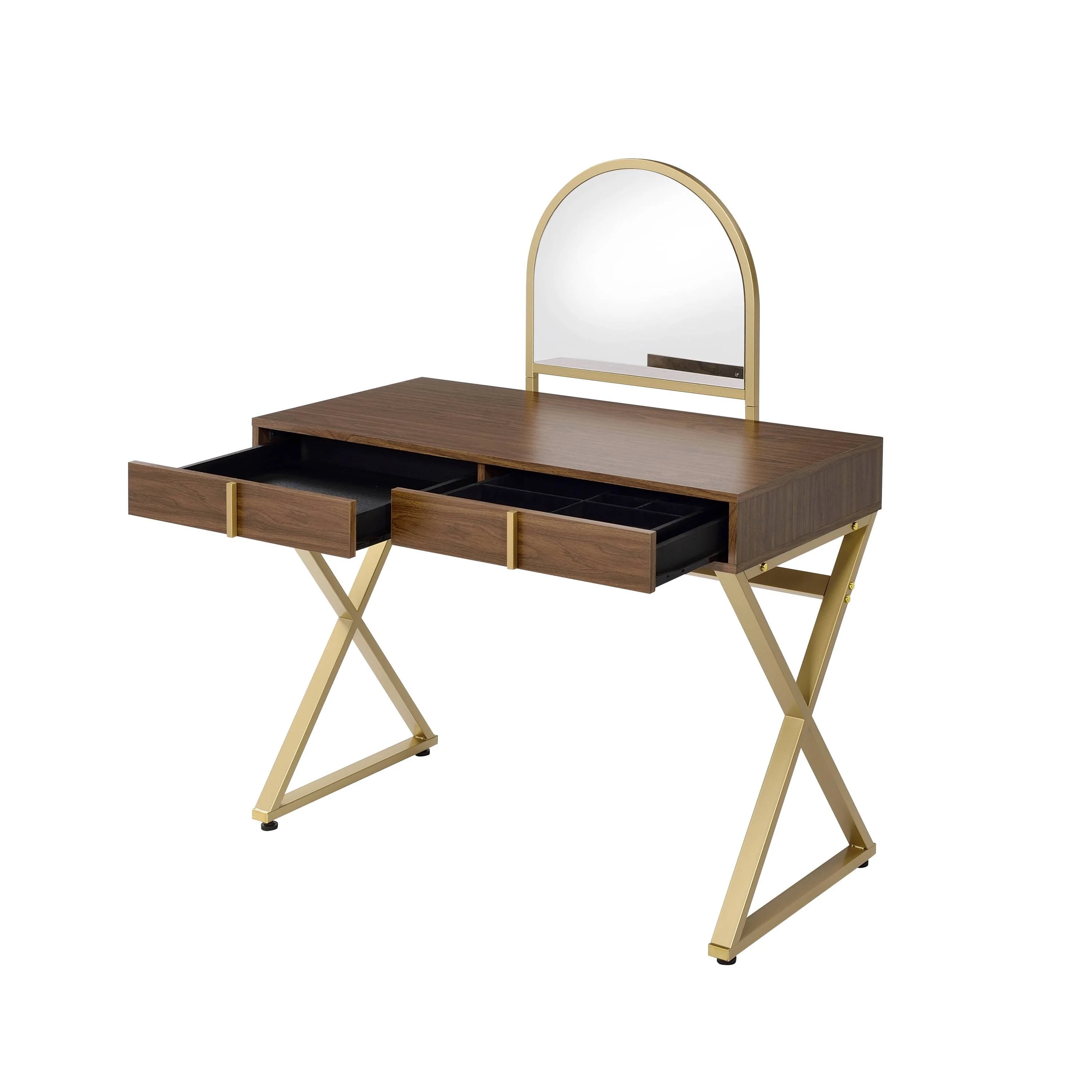 Coleen Walnut & Gold Finish Vanity Desk with Mirror & Jewelry Tray - Image 7