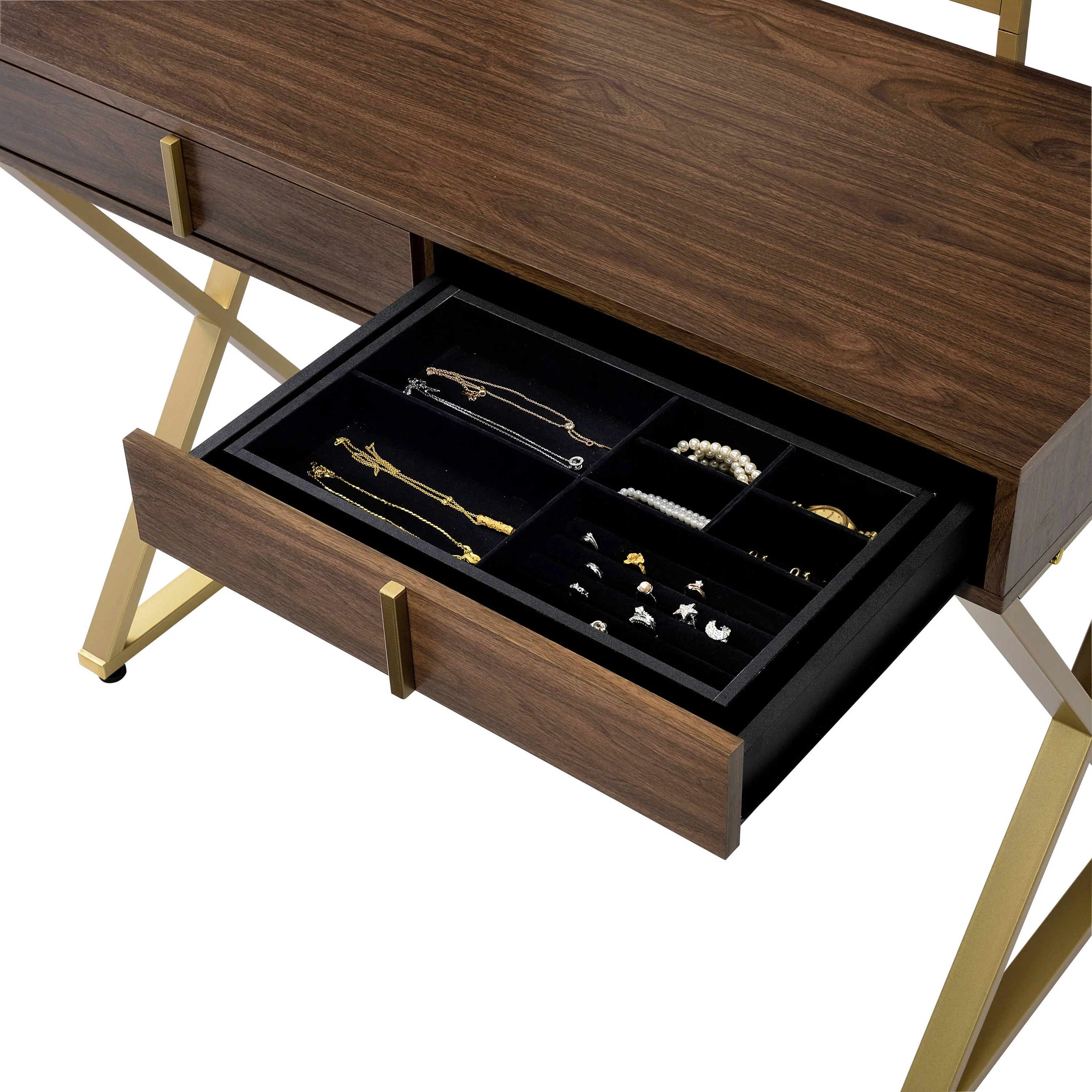 Coleen Walnut & Gold Finish Vanity Desk with Mirror & Jewelry Tray - Image 8