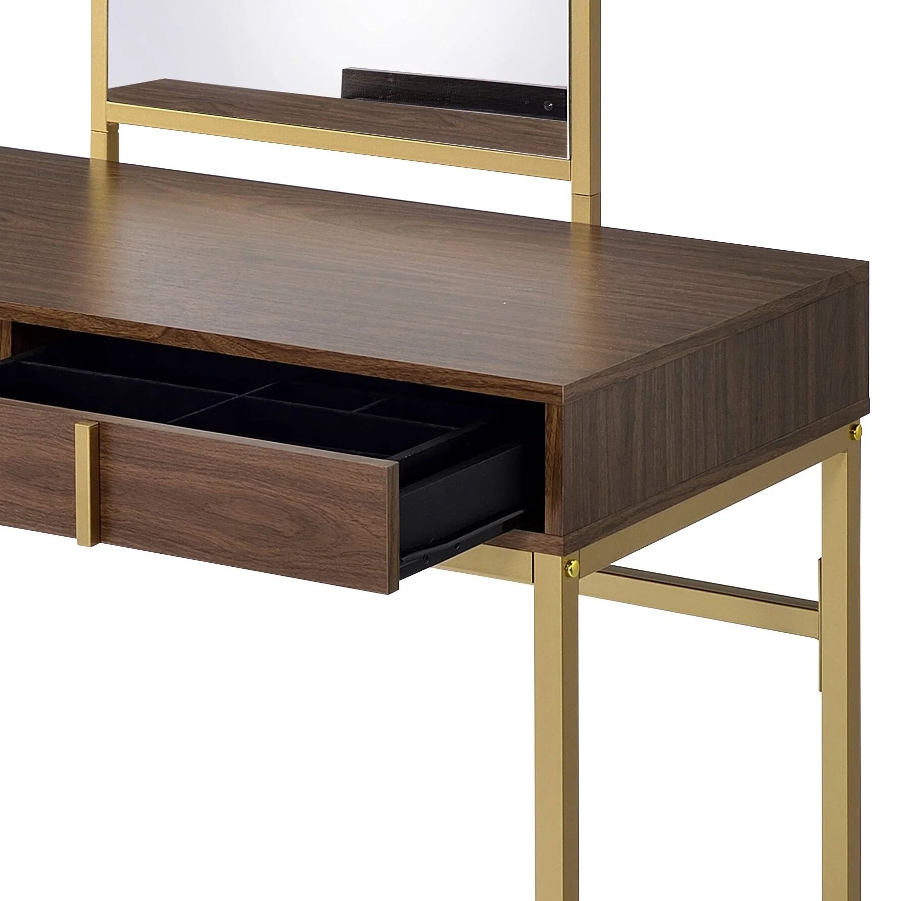 Coleen Walnut & Gold Finish Vanity Desk with Mirror & Jewelry Tray - Image 3