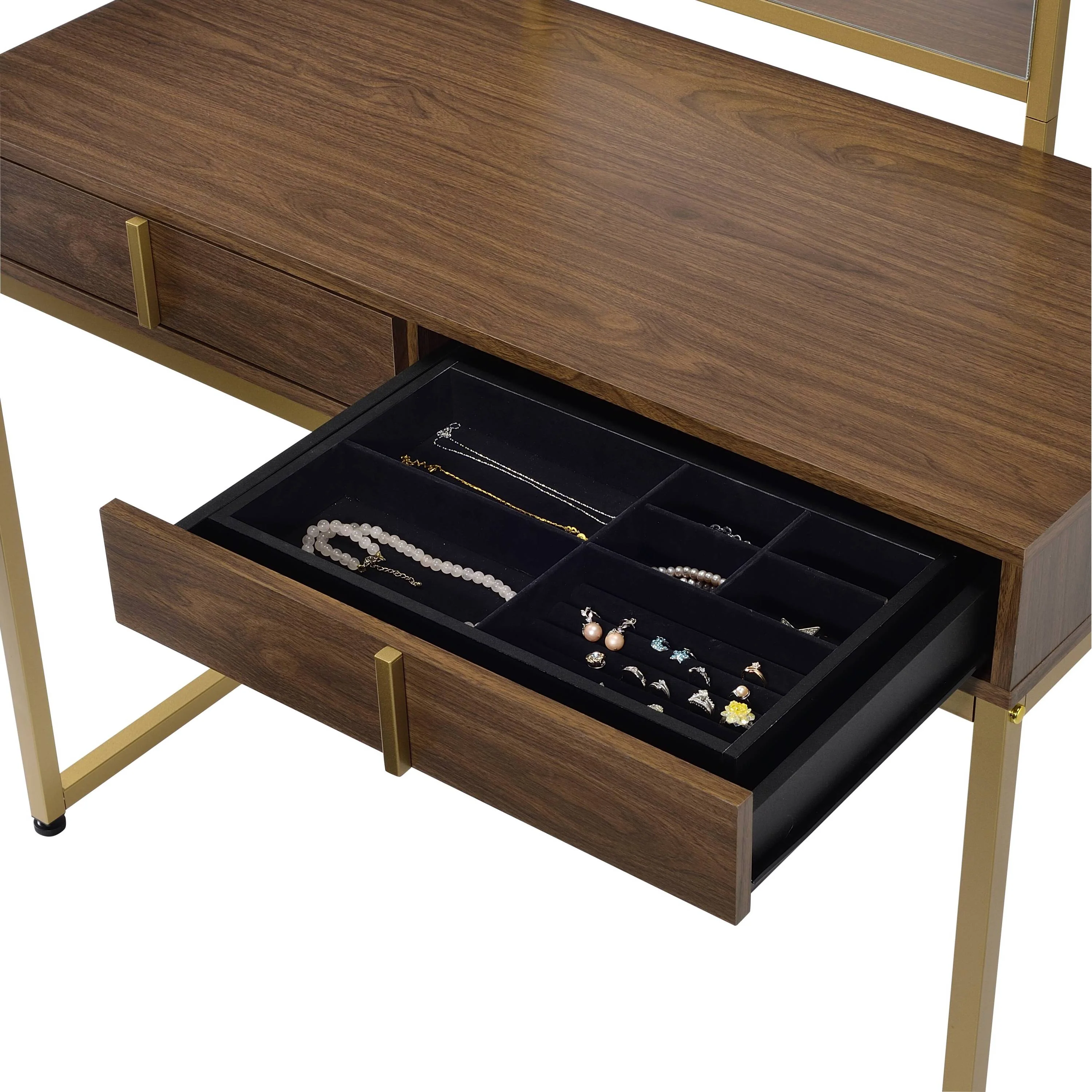 Coleen Walnut & Gold Finish Vanity Desk with Mirror & Jewelry Tray - Image 7