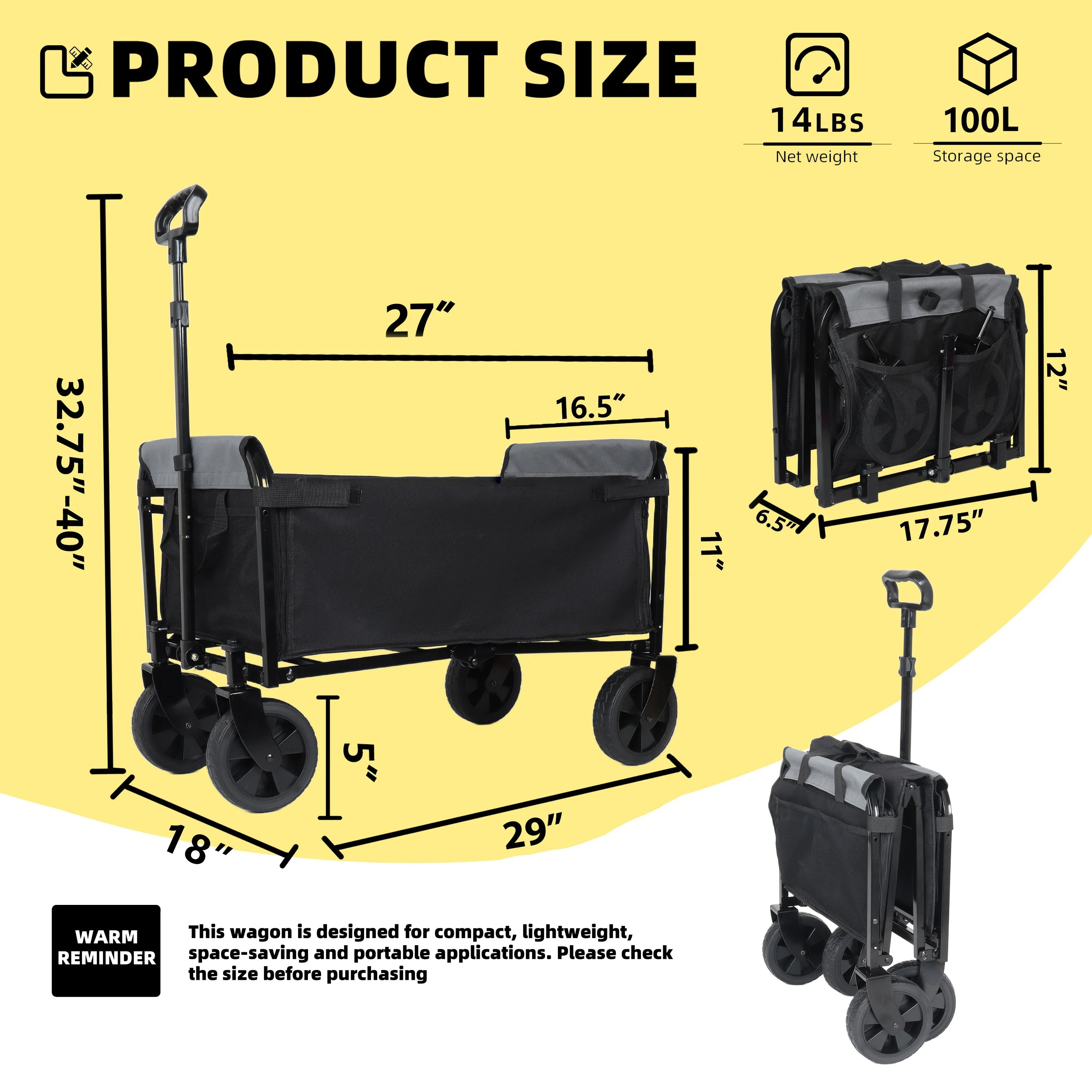 Collapsible Wagon with Wheels - 3 in 1 Lightweight Utility Camping Wagons Carts Foldable (Black) - Image 16