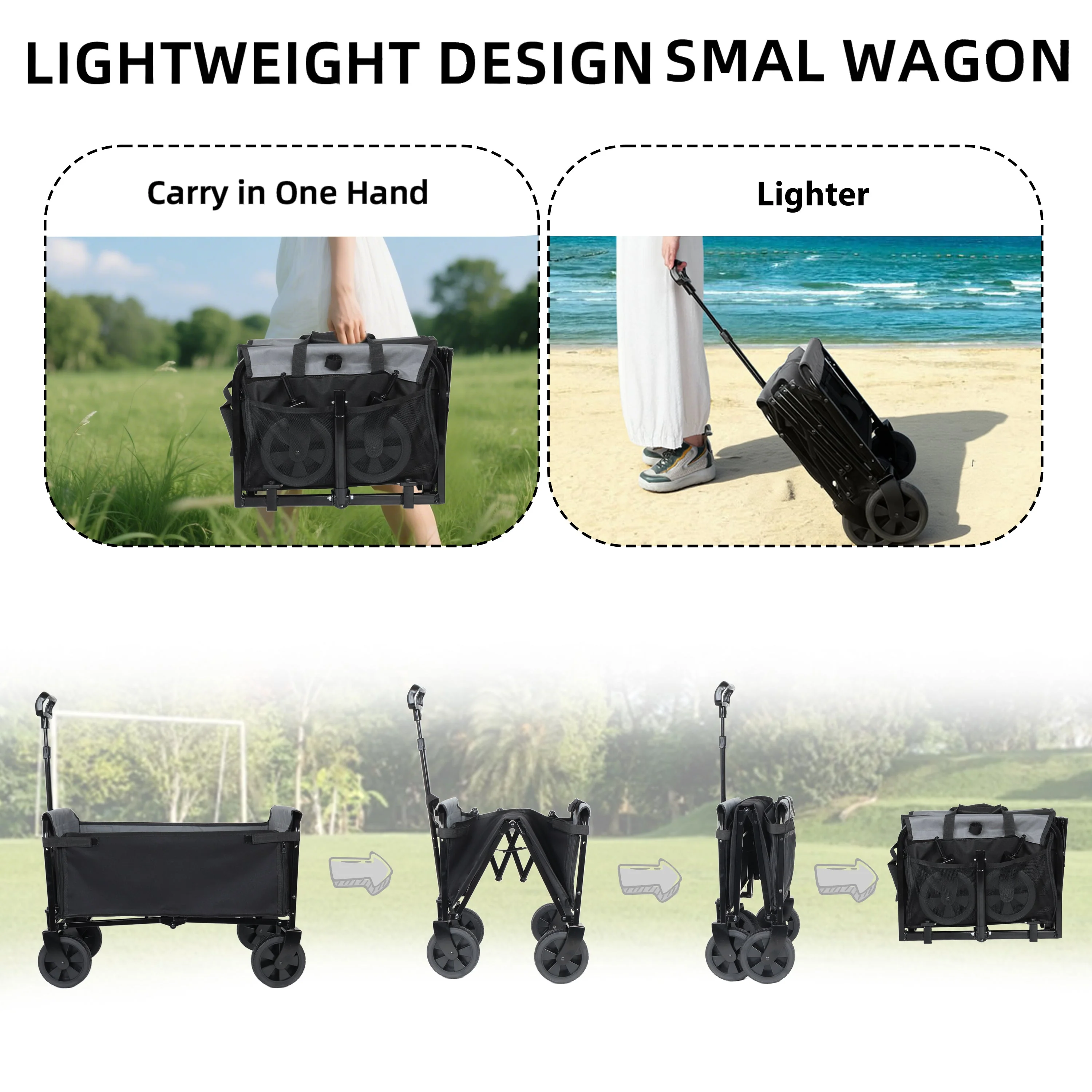 Collapsible Wagon with Wheels - 3 in 1 Lightweight Utility Camping Wagons Carts Foldable (Black) - Image 3