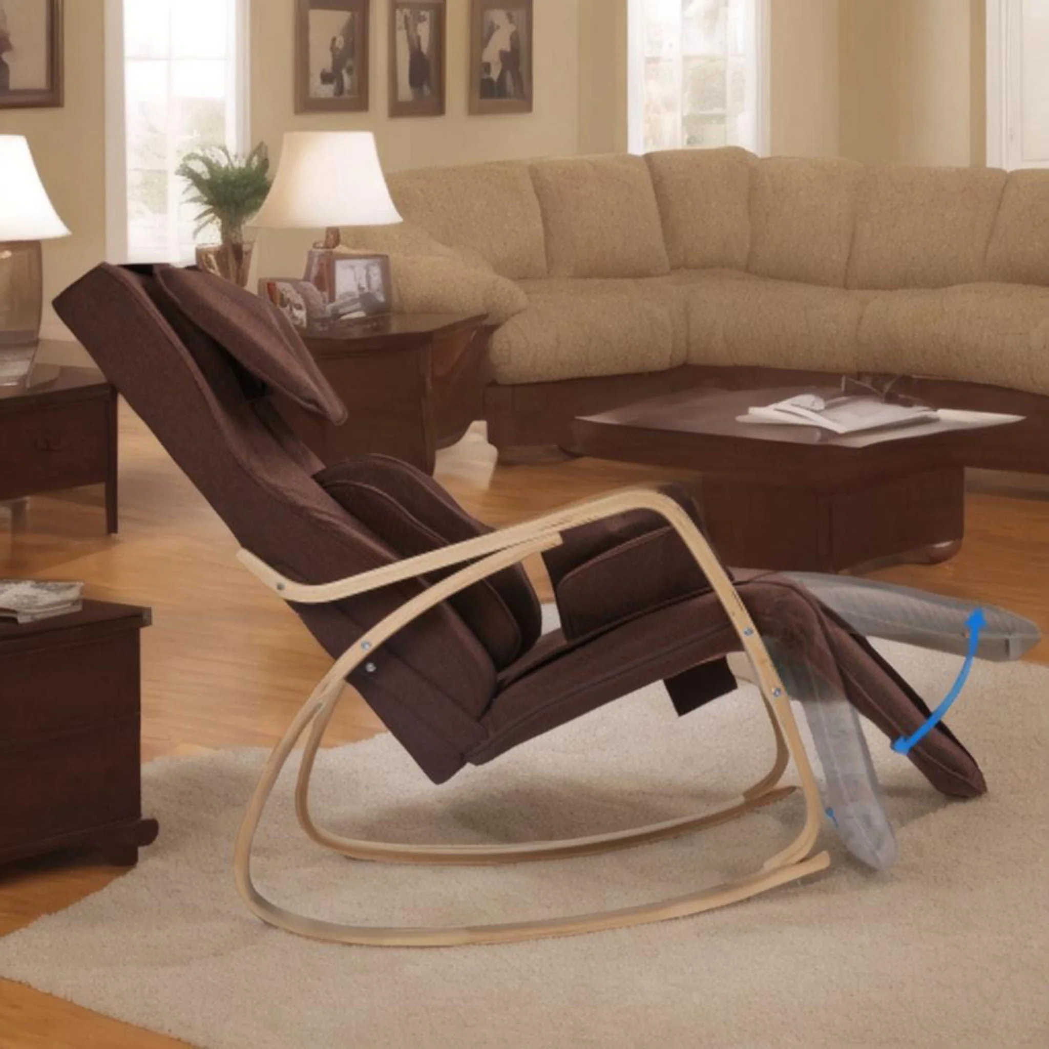 Comfortable Relax Rocking Chair With Full Massage Function Cotton Fabric Air Pressure - Brown - Image 4