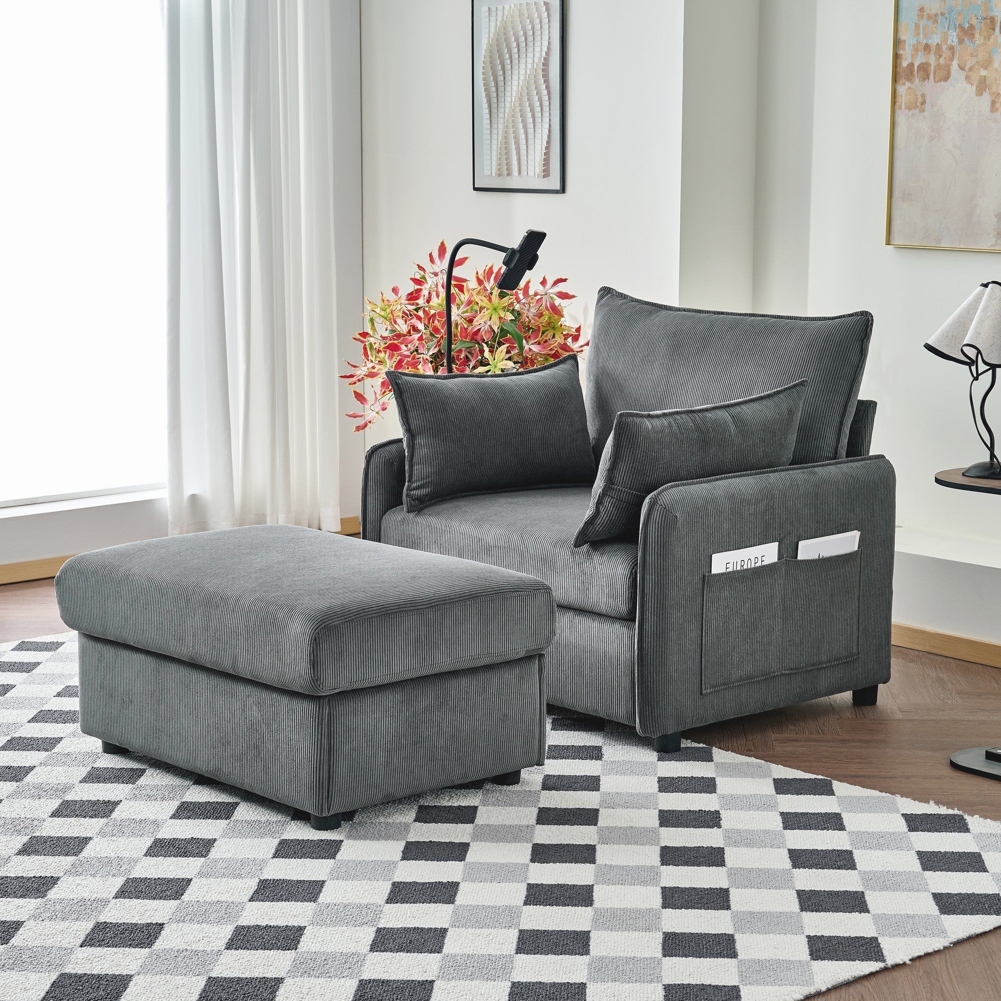 Comfy Corduroy Oversized Chaise Lounge Chair with Ottoman and Storage - Image 2