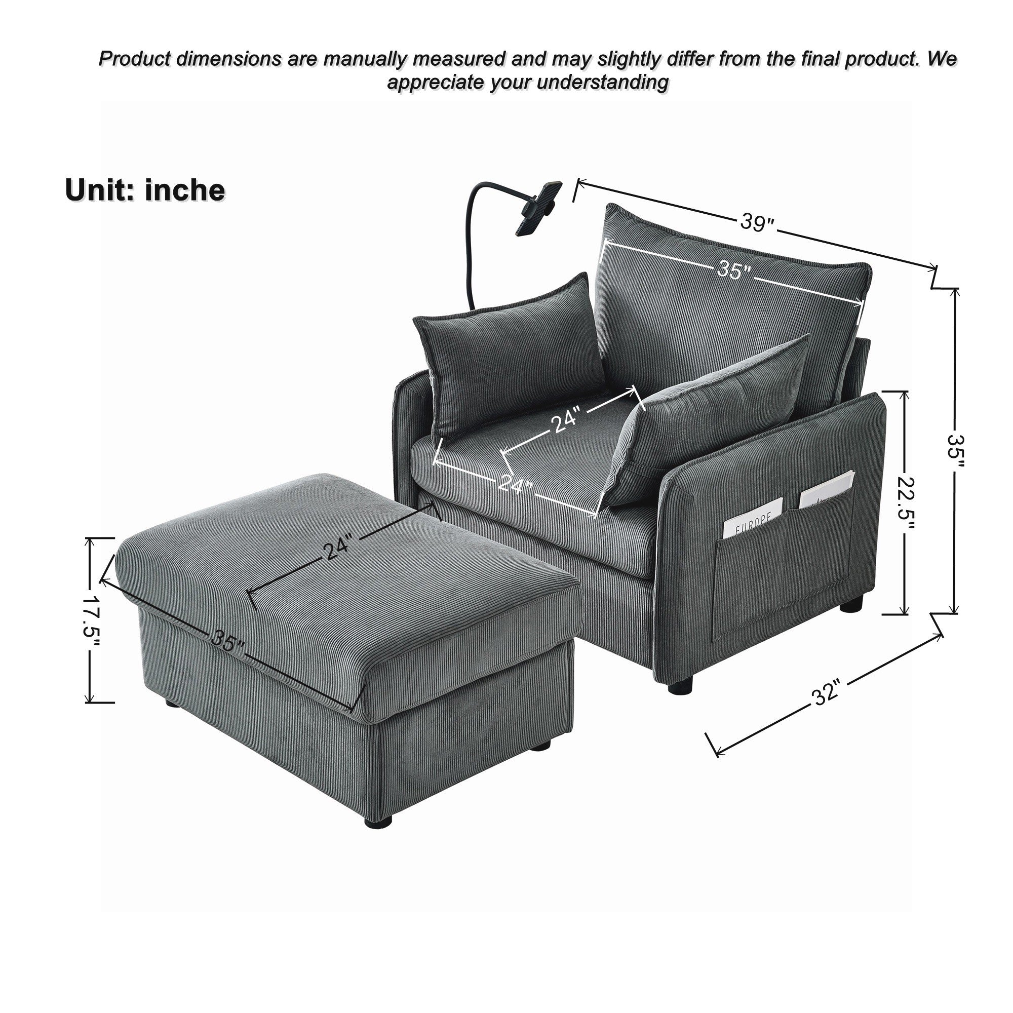 Comfy Corduroy Oversized Chaise Lounge Chair with Ottoman and Storage - Image 3