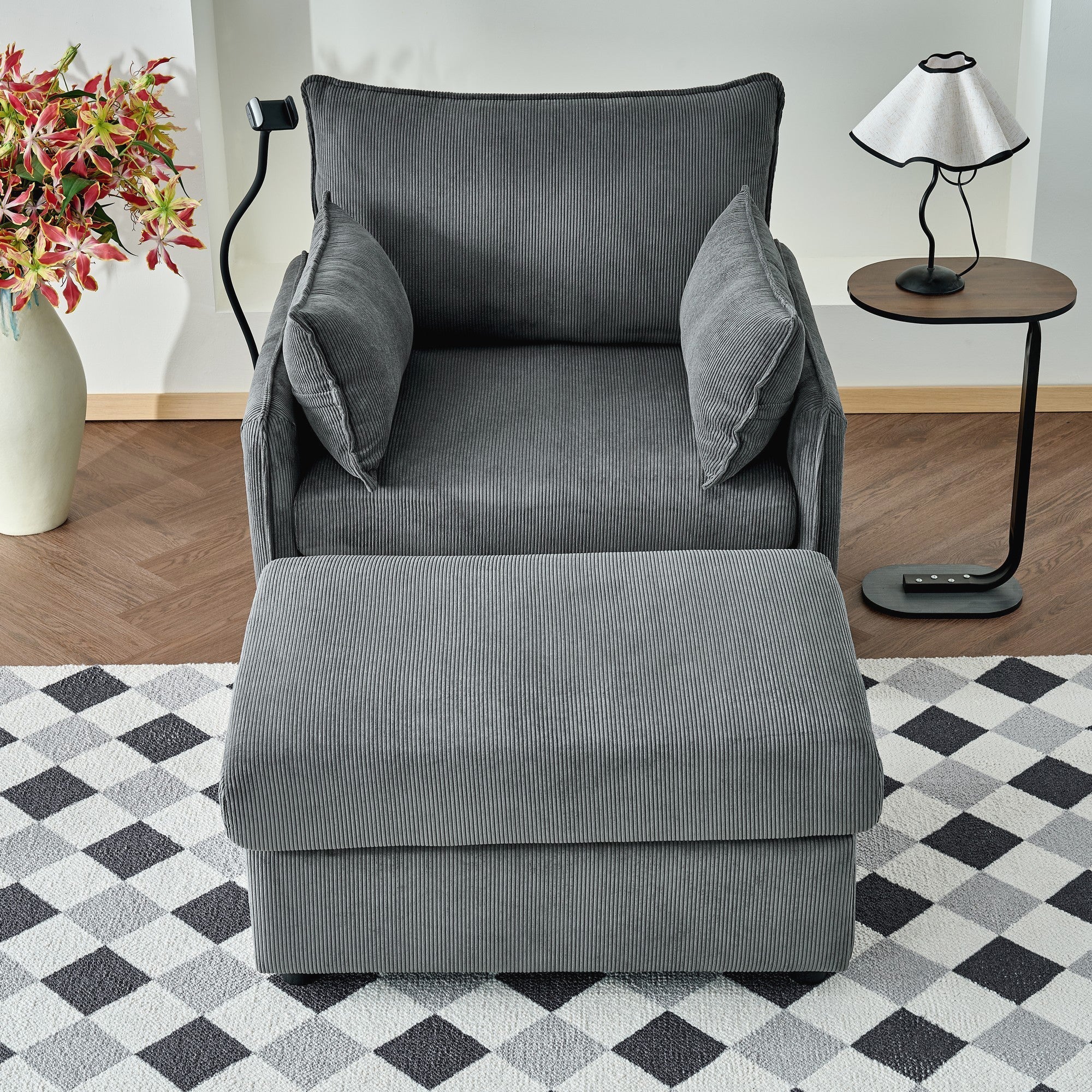 Comfy Corduroy Oversized Chaise Lounge Chair with Ottoman and Storage - Image 4