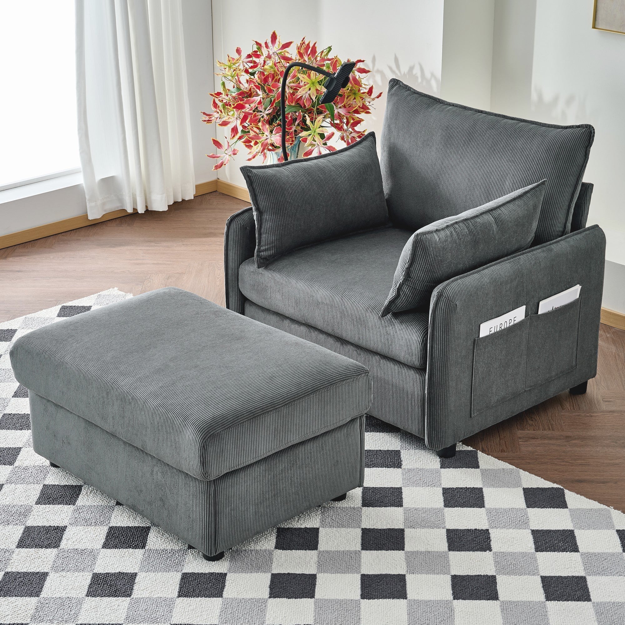 Comfy Corduroy Oversized Chaise Lounge Chair with Ottoman and Storage - Image 5