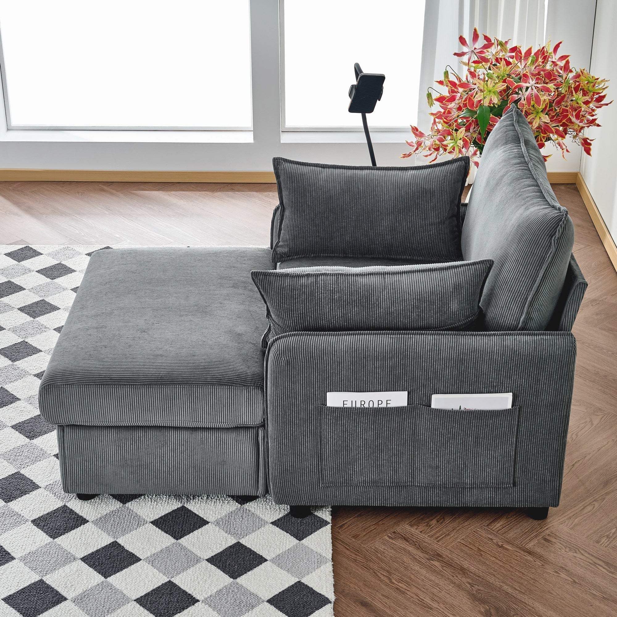 Comfy Corduroy Oversized Chaise Lounge Chair with Ottoman and Storage - Image 6