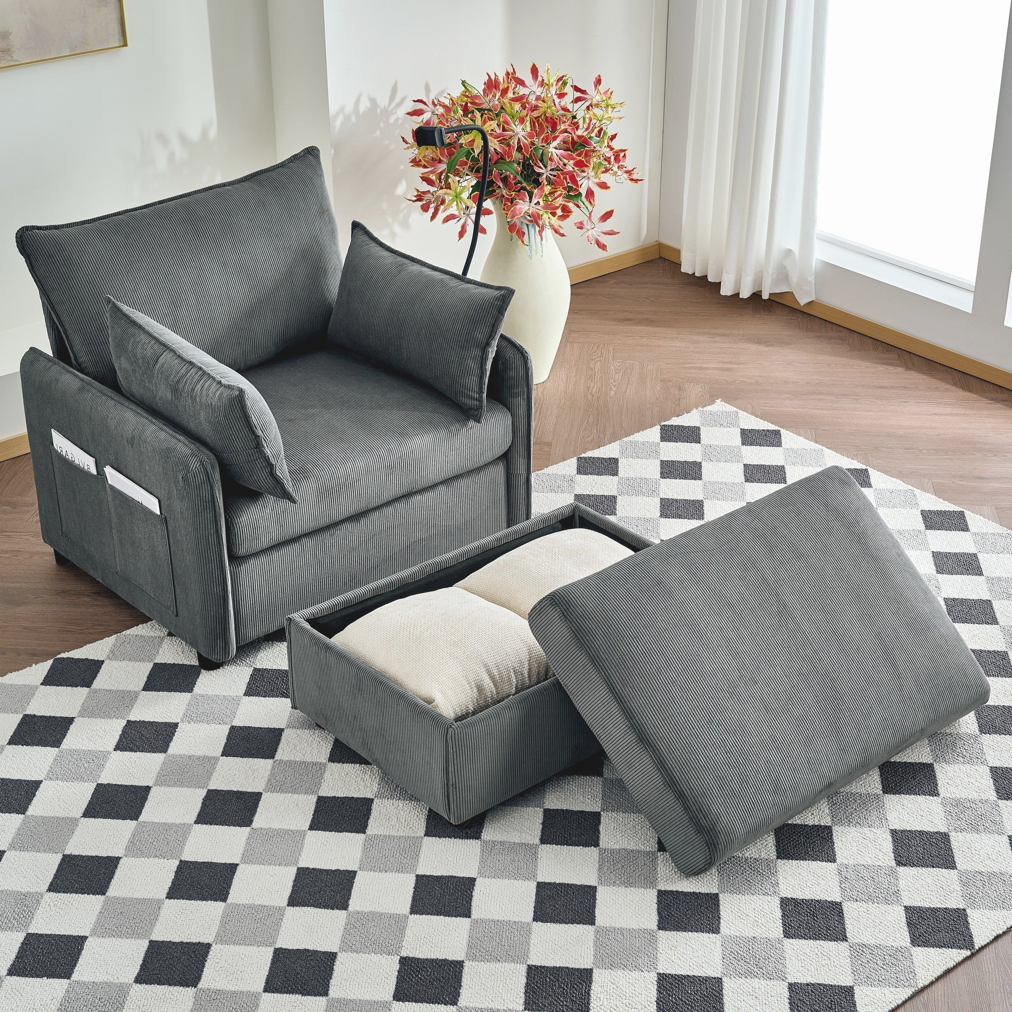 Comfy Corduroy Oversized Chaise Lounge Chair with Ottoman and Storage - Image 7