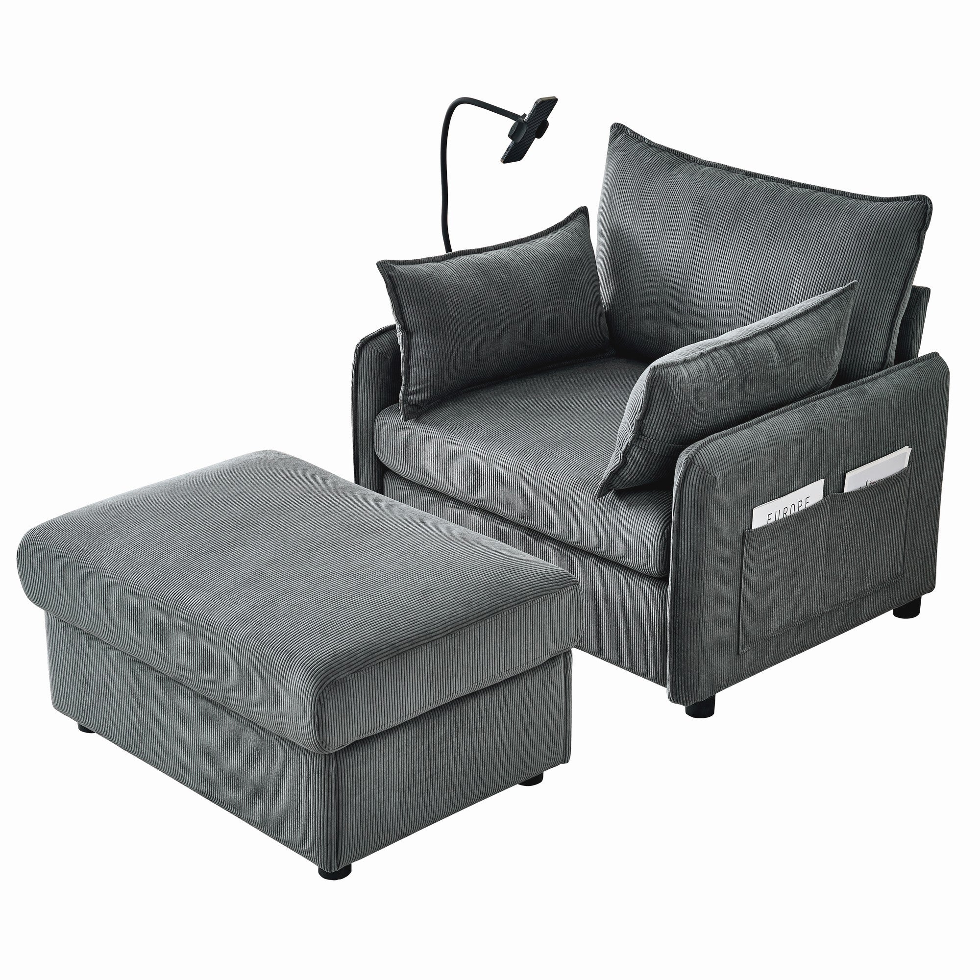 Comfy Corduroy Oversized Chaise Lounge Chair with Ottoman and Storage - Image 9