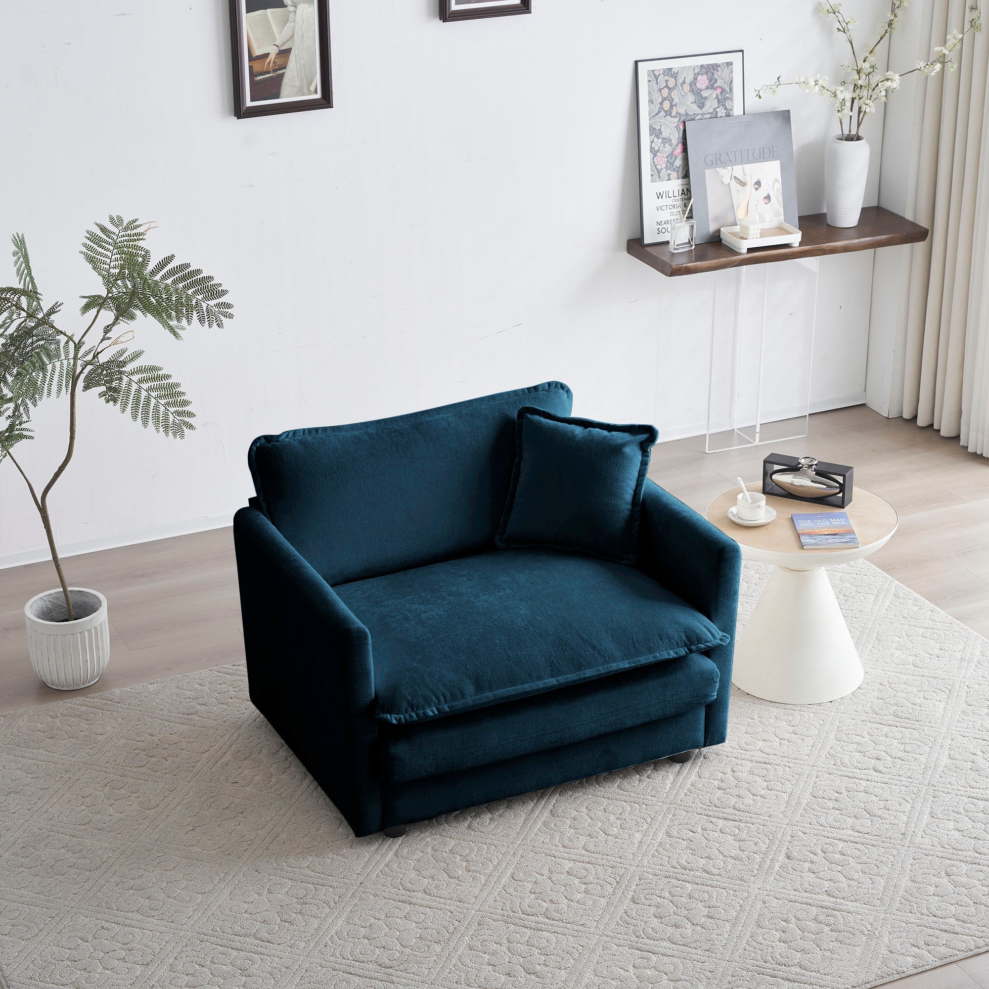 Comfy Deep Single Seat Sofa Upholstered Reading Armchair in Blue Chenille Fabric - Image 2