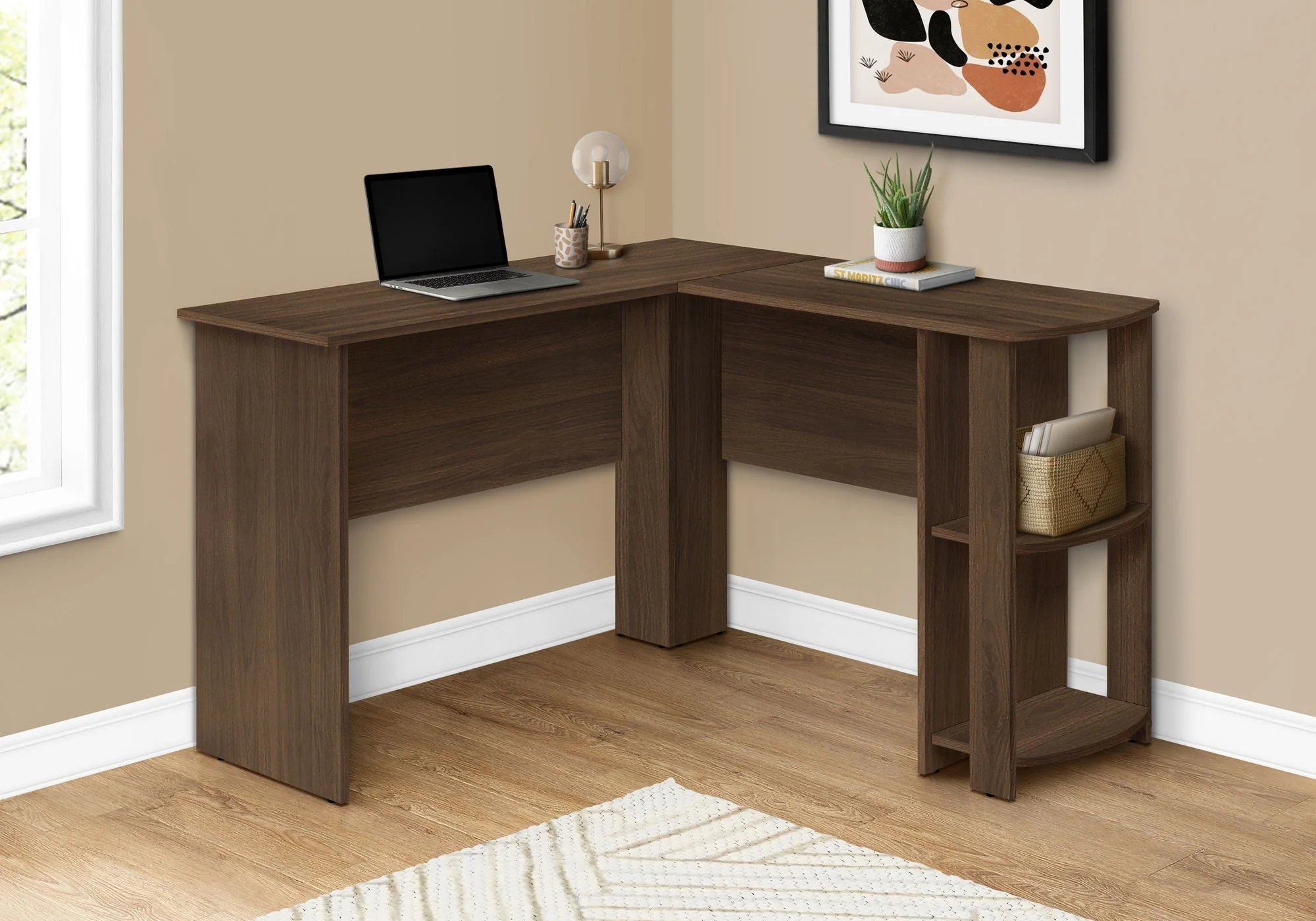 Computer Desk, Home Office, Corner, Storage Shelves, L Shape, Laptop, Contemporary & Modern - Walnut - Image 2