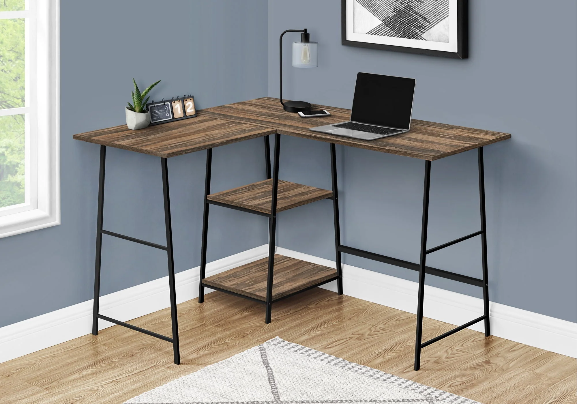 Computer Desk, Home Office, Corner, Storage Shelves, L-Shape, Work, Laptop, Contemporary, Modern - Brown - Image 2