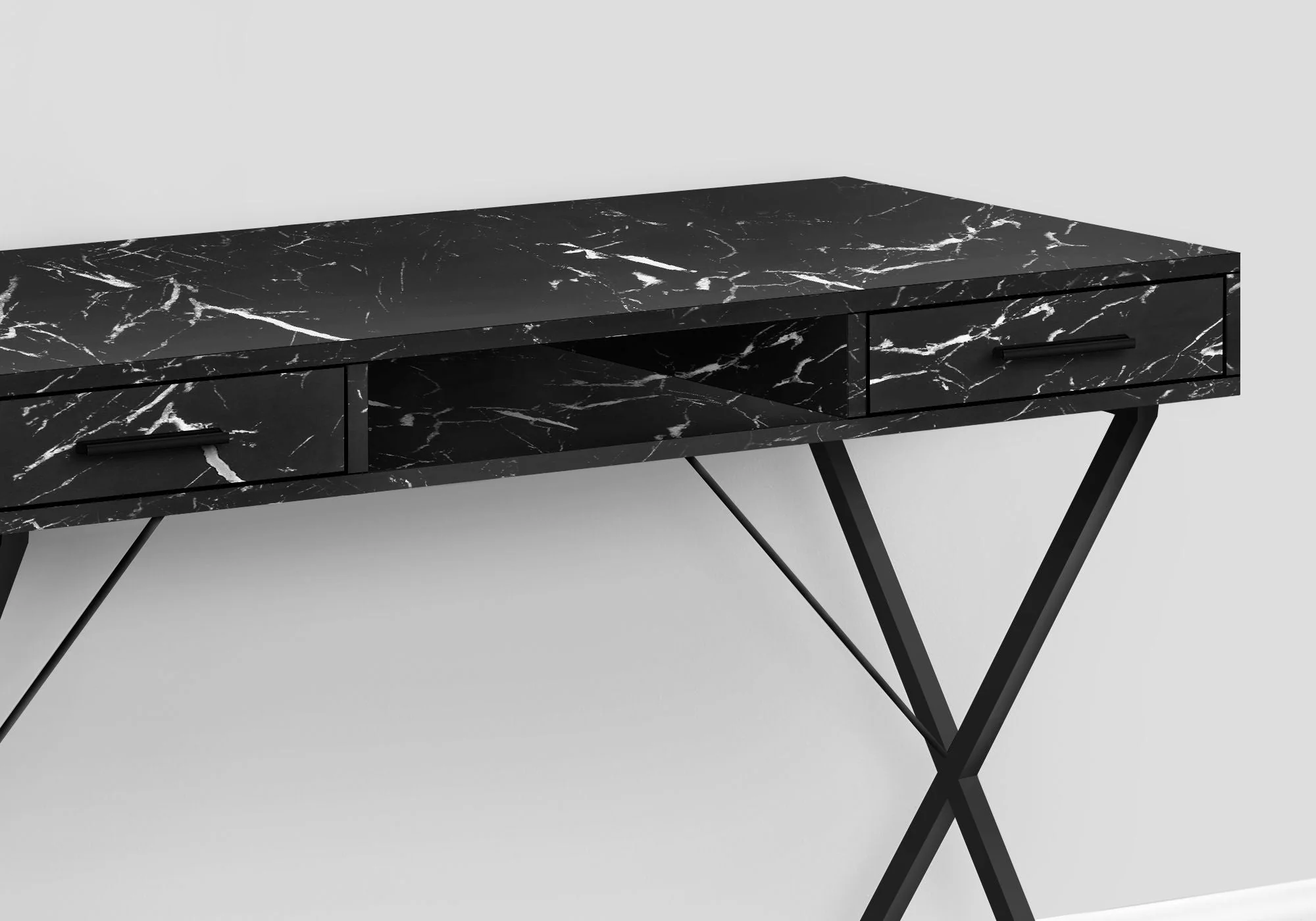 Computer Desk, Home Office, Laptop, Left, Right Set-Up, Storage Drawers, Work, Marble Look Laminate, Contemporary, Modern - Black - Image 2