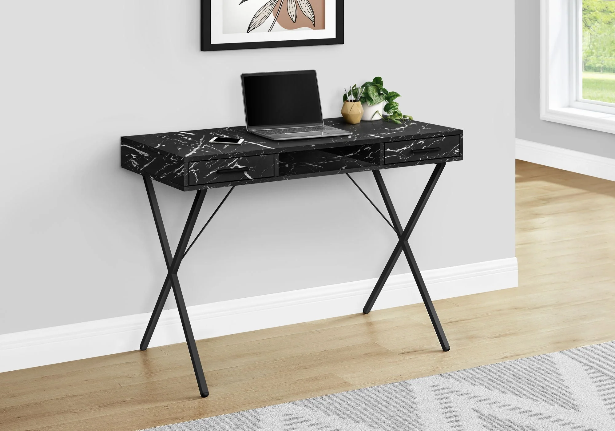 Computer Desk, Home Office, Laptop, Left, Right Set-Up, Storage Drawers, Work, Marble Look Laminate, Contemporary, Modern - Black - Image 3